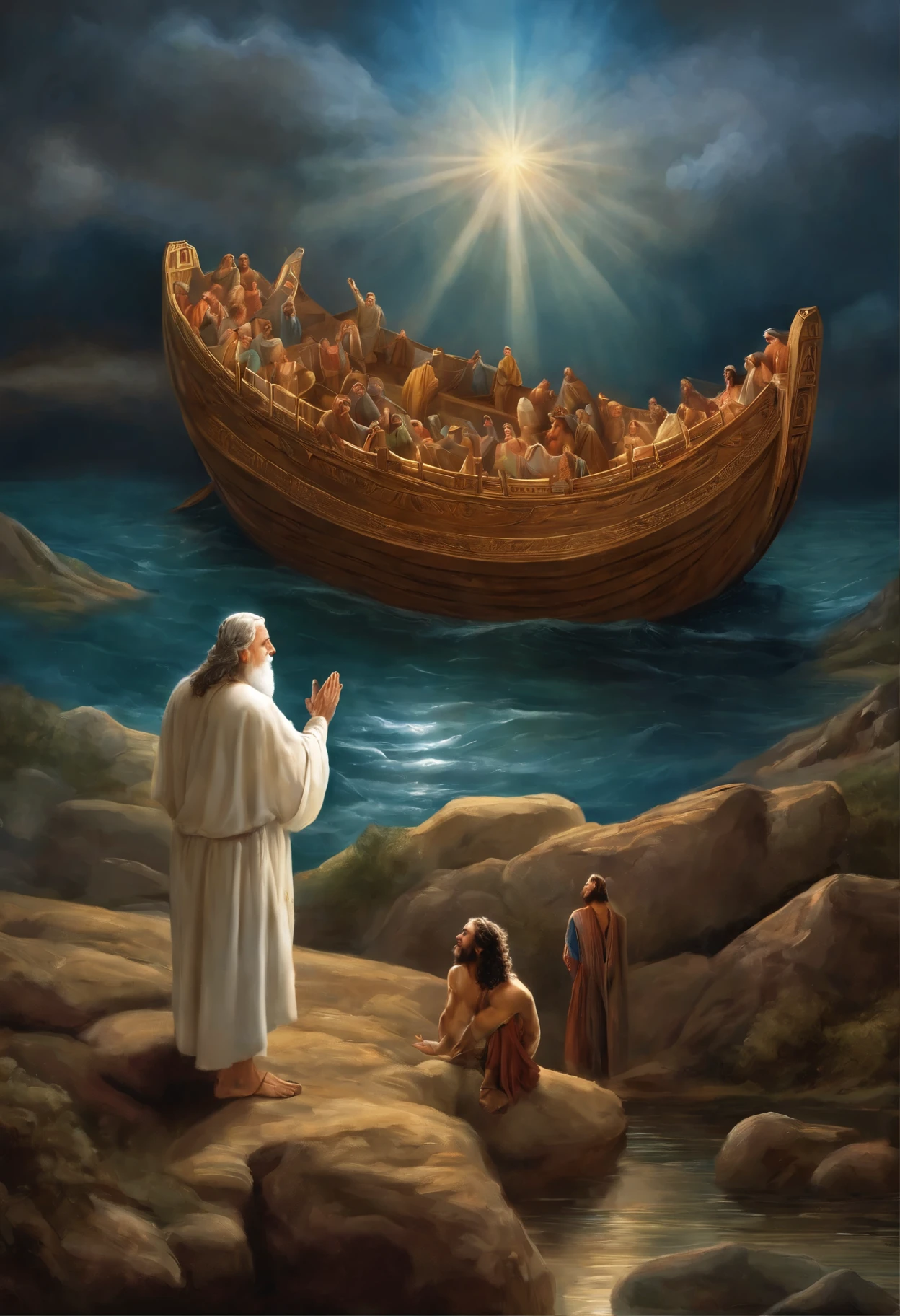 An image depicting Noah receiving instructions from God to build the ark. May show Noah in a scene of divine communication, talvez com uma luz divina sobre ele enquanto ele ouve atentamente.