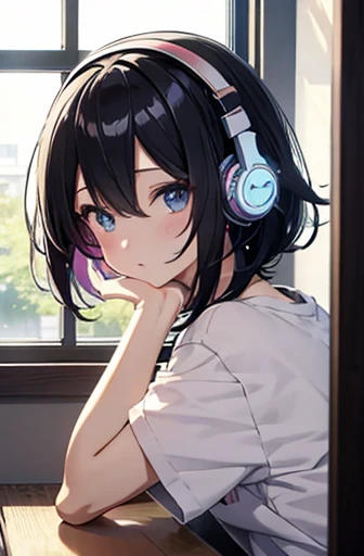 Japanese anime style、pretty girl、Headphones on、Bob Hair、Black Hair、T-Shirts、Looking out the window from inside the room、