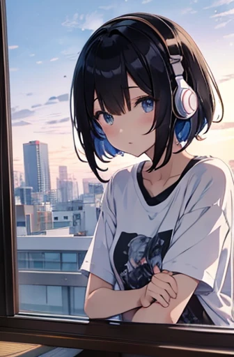 Japanese anime style、pretty girl、Headphones on、Bob Hair、Black Hair、T-Shirts、Looking out the window from inside the room、
