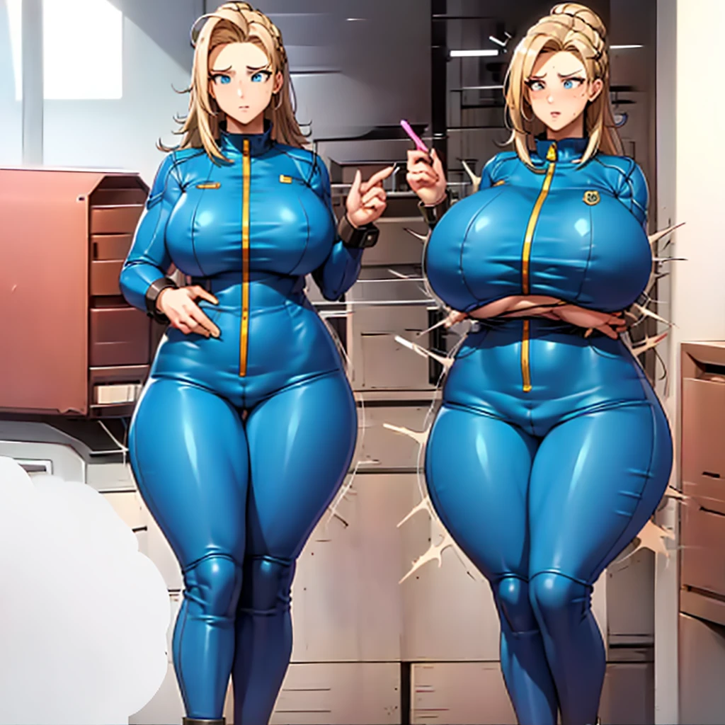 Vault-girl, vault 111 jumpsuit, 1girl, bursting breasts, breast expansion, massive heavy breasts, crossed arms, vibrant blue eyes, blushing, long blonde hair, hips expansion, ass expansion, weight gain, shes stress eating, shes worried about how large her breasts are getting and how sensitive they are, strained jumpsuit, very wide fat hips, thick thighs, massive fat ass, big fat chubby belly,