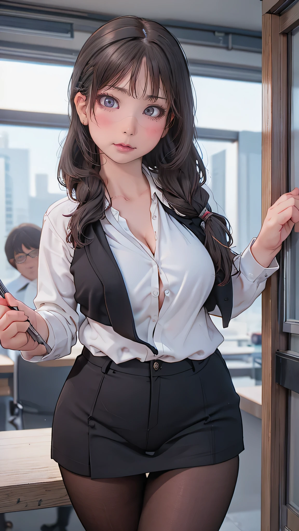 1woman,random office lady fashion,(Thin type),(large breasts),(random sexy pose),(random hairstyle),(Highest image quality,(8K), Ultra-realistic, Best Quality, High quality, High Definition, high quality texture, high detailing, Beautiful detailed, fine detailed, extremely details CG, Detailed texture, realistic representation of face, masterpiece, presence),(wearing glasses:1.2),black pantyhose