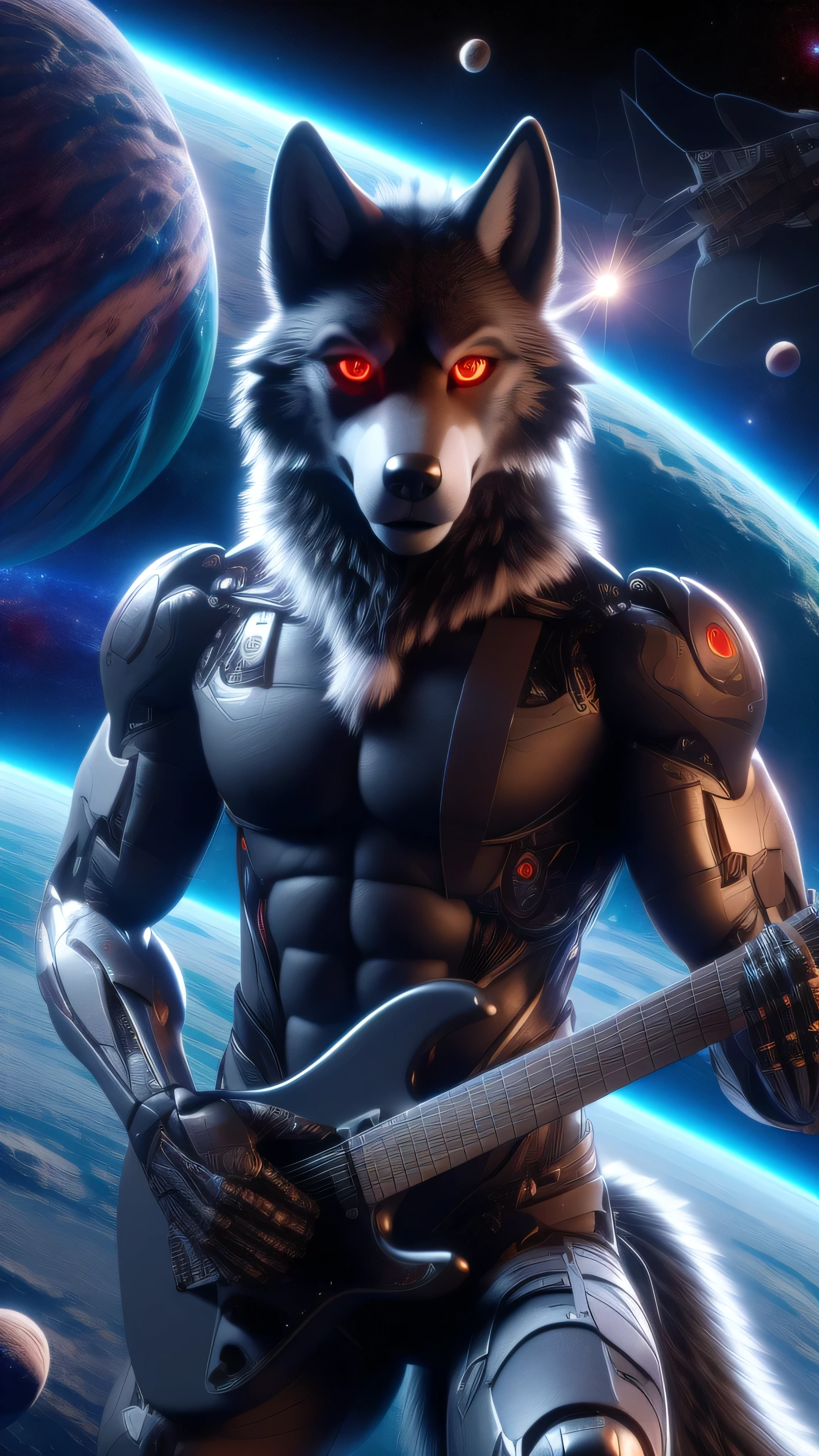 (best quality,4k,8k,highres,masterpiece:1.2),ultra-detailed,realistic,physically-based rendering,cyborg,3D rendering,beautifully detailed eyes,beautifully detailed lips,handsome face,long eyelashes,muscular body,wolf,adult,fursuit,cyborg guitar player,flying in outer space,Unreal Engine 9,space scenery,vivid colors,studio lighting,bokeh