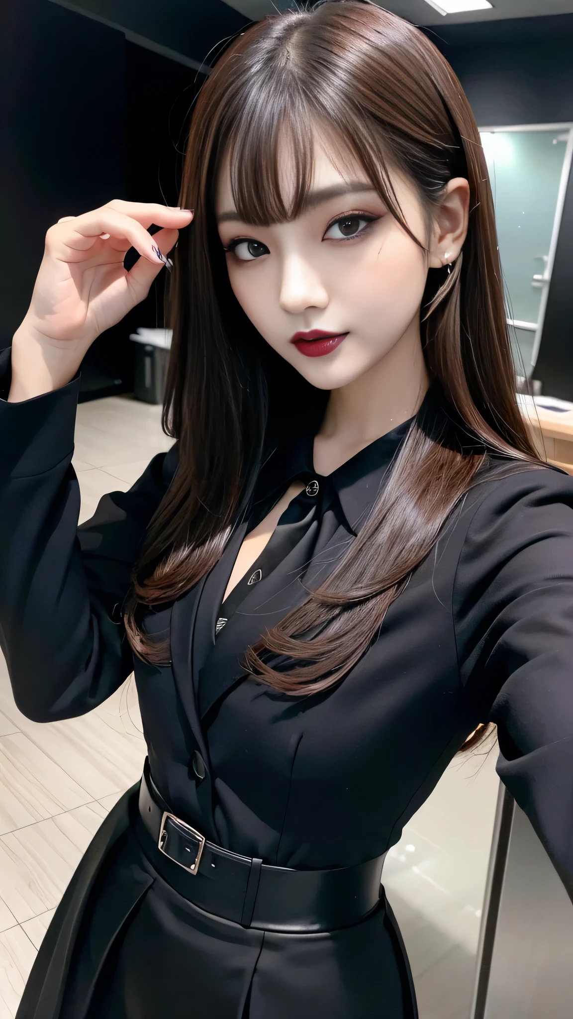 best quality、ultra-detailed、4k、Japanese、Seductive beauty、seductive adult woman、Pretty Woman、cool girl、Villainess、Brainwashed、brainwash、Fallen into evil、smirk、Evil look、Wicked Smile、evil、Brown hair、wavy hair、swept bangs、dark makeup、dark makeup、piercing eyes、hollow eyes,half-closed eyes、Hollow Eyes、purple Eyeshadow、black lipstick、black lipglos、office staff suit、suit、Jacket、Black sleeves、White Shirt、Black Ribbon、Tight Skirt、pantyhose、night、inside darkroom、Are standing、shoot from below、Have lipstick、Emblem of Evil、Crest of Darkness、Swear allegiance、I have pledged my allegiance、Dye black、Blackening、Stained with evil、Dyed in darkness、Seduce