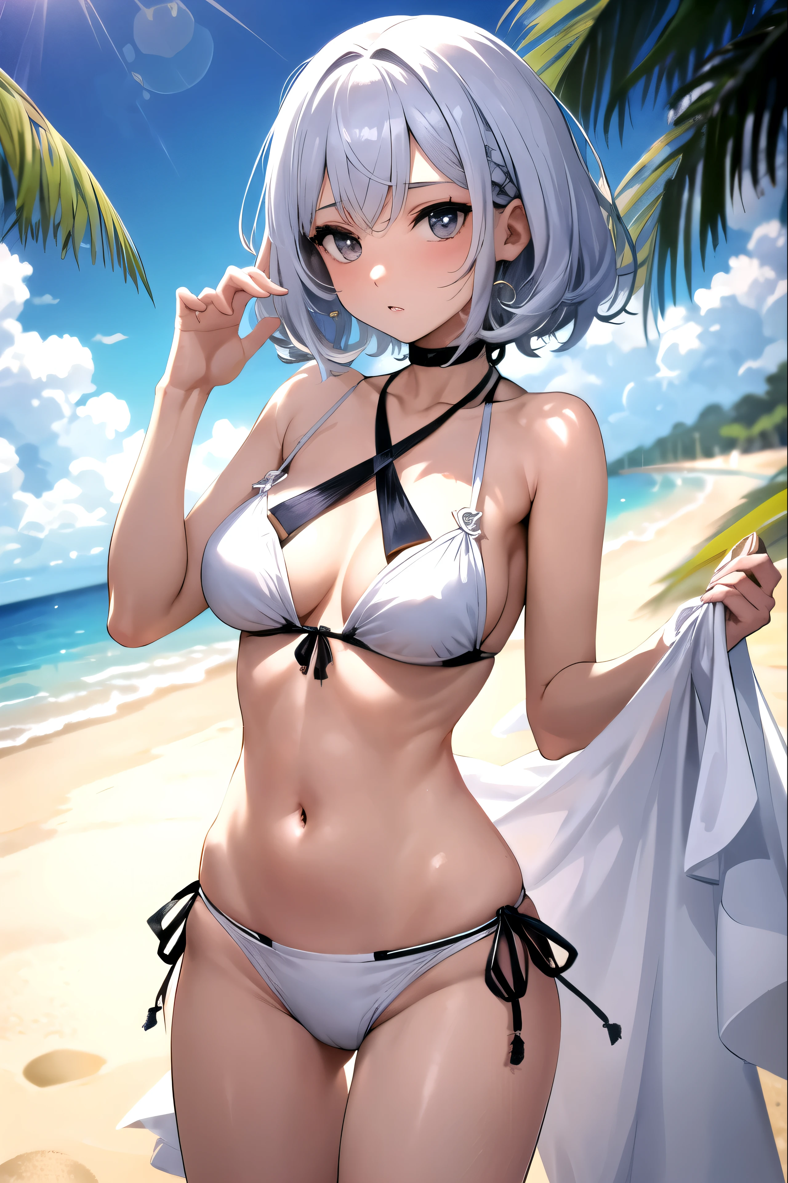 personagem feminina, cabelo branco, seios pequenos, bikini, praia, no bikini top