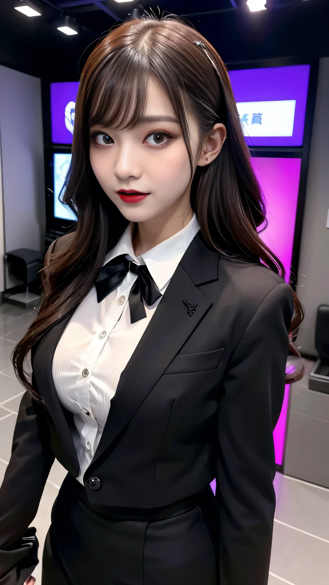 best quality、ultra-detailed、4k、Japanese、Seductive beauty、seductive adult woman、Pretty Woman、cool girl、Villainess、Brainwashed、brainwash、Fallen into evil、smirk、Evil look、Wicked Smile、evil、Brown hair、wavy hair、swept bangs、dark makeup、dark makeup、piercing eyes、hollow eyes,half-closed eyes、Hollow Eyes、purple Eyeshadow、black lipstick、black lipglos、office staff suit、suit、Jacket、Black sleeves、White Shirt、Black Ribbon、Tight Skirt、pantyhose、night、inside darkroom、Are standing、shoot from below、Have lipstick、Emblem of Evil、Crest of Darkness、Swear allegiance、I have pledged my allegiance、Dye black、Blackening、Stained with evil、Dyed in darkness、Seduce