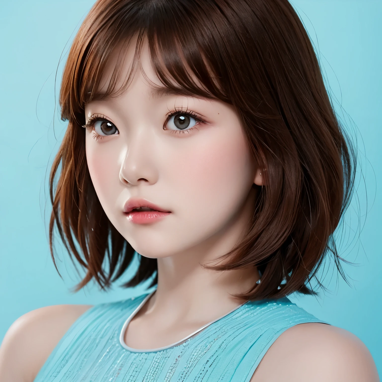 tsuki, ((1girl)), bob haircut, fringe, brown hair, baby blue dress, short dress, white background, portrait 