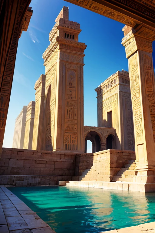 Egyptian palace with Egyptian decorations with towers and forests along with lakes