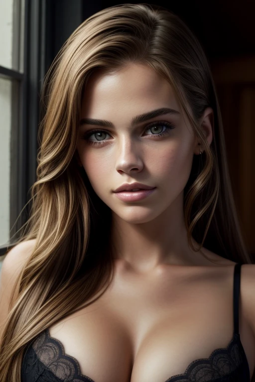 (photorealistic, masterpiece, best quality, ultra-detailed), face of Bridget Satterlee, model woman with long very straightened hair, wearing black bra, large bust, with her body and head straight in the photo, ((medium)) facing the viewer, her eyes intently staring at the lens, 4K resolution, ((cinematic look)), natural skin texture, film grain, soft cinematic light, sidelighting, hyperdetailed, intricate, sharp focus, realistic shadows, high contrast, detailed facial features, expressive eyes, exquisitely rendered, natural smile, full bust portrait, large breasts, stark raven black hair