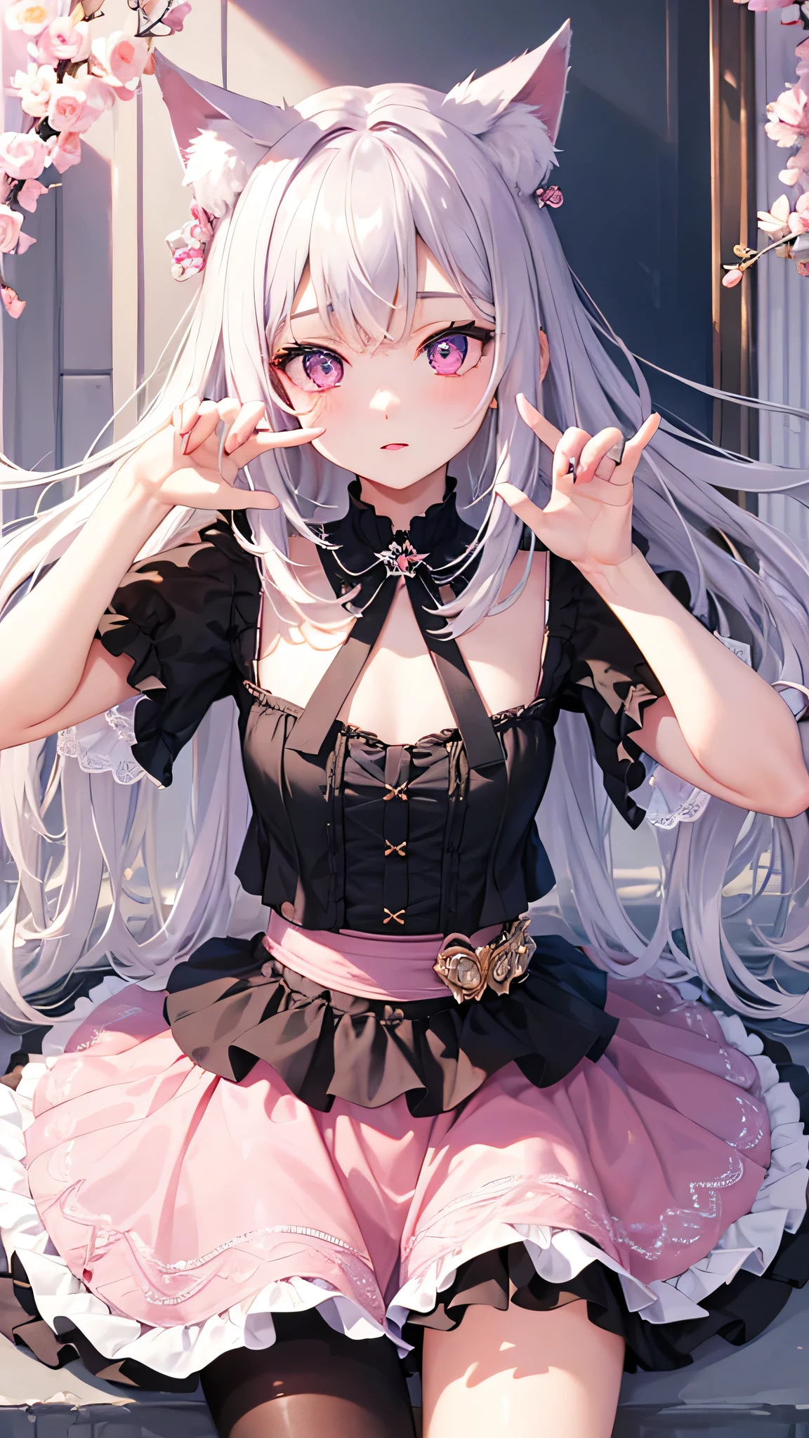 masterpiece,highest quality,Highly detailed face,fine grain,Sparkling eyes,Highlighted eyes,Medium chest,pretty girl,Shy expression,Cat ear,Beautiful silver hair,Pink inside,Beautiful pink eyes,Oversized shirt、skirt、black tights
