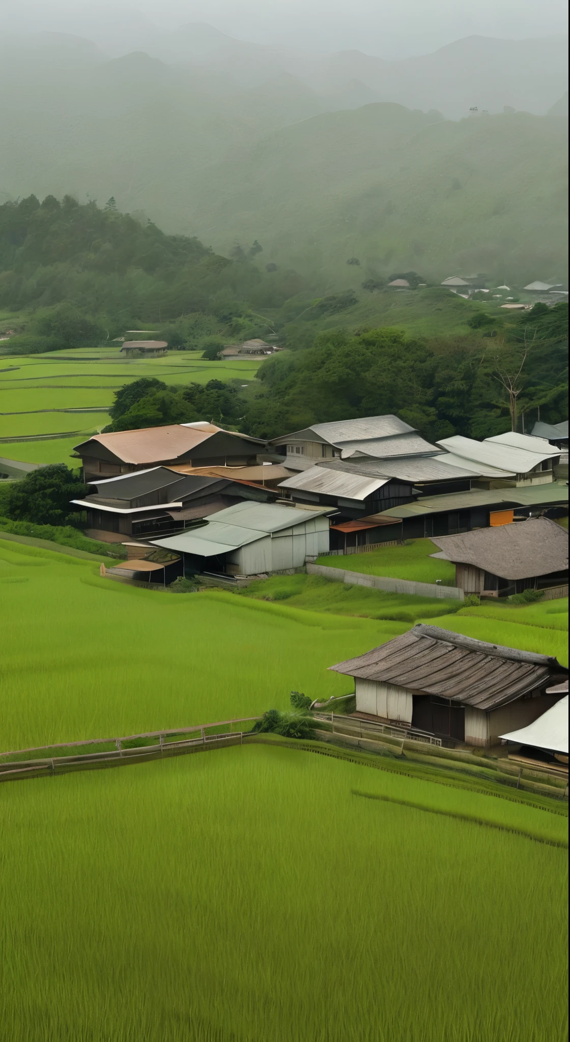 Paddy fieldを歩いている男がいる, in the background is a hut with Paddy field, Paddy field, Paddy fieldに植えられたきれいな稲の苗, hazey rain, village, agriculture, In a quiet landscape, hazey weather, In a vast and peaceful landscape, early morning, in the morning haze, 小さなvillageの裏, haze, Japanese countryside, Thatched roof --v 6