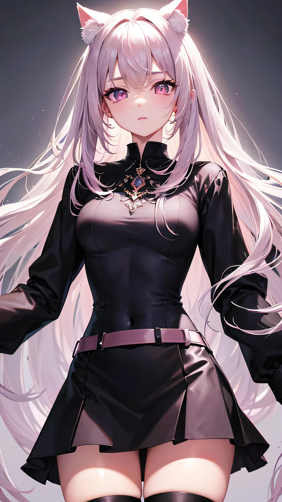 masterpiece,highest quality,Highly detailed face,fine grain,Sparkling eyes,Highlighted eyes,Medium chest,pretty girl,Shy expression,Cat ear,Beautiful silver hair,Pink inside,Beautiful pink eyes,Oversized shirt、skirt、black tights