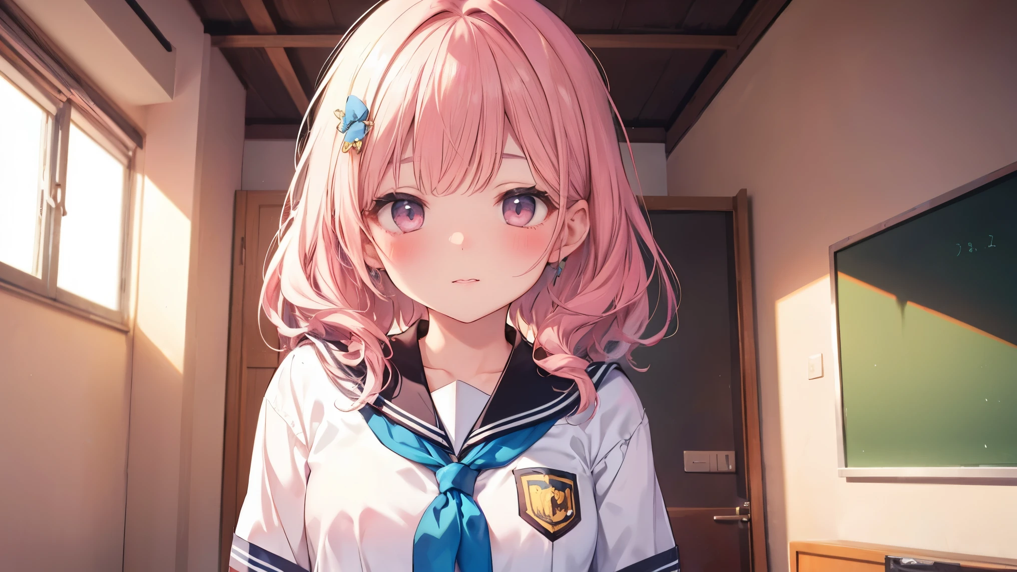 4K,Gal:1.3,Anatomically correct,school uniform:1.3,A pure and innocent girl, Very cute face, Like an idol, blush, In my room,