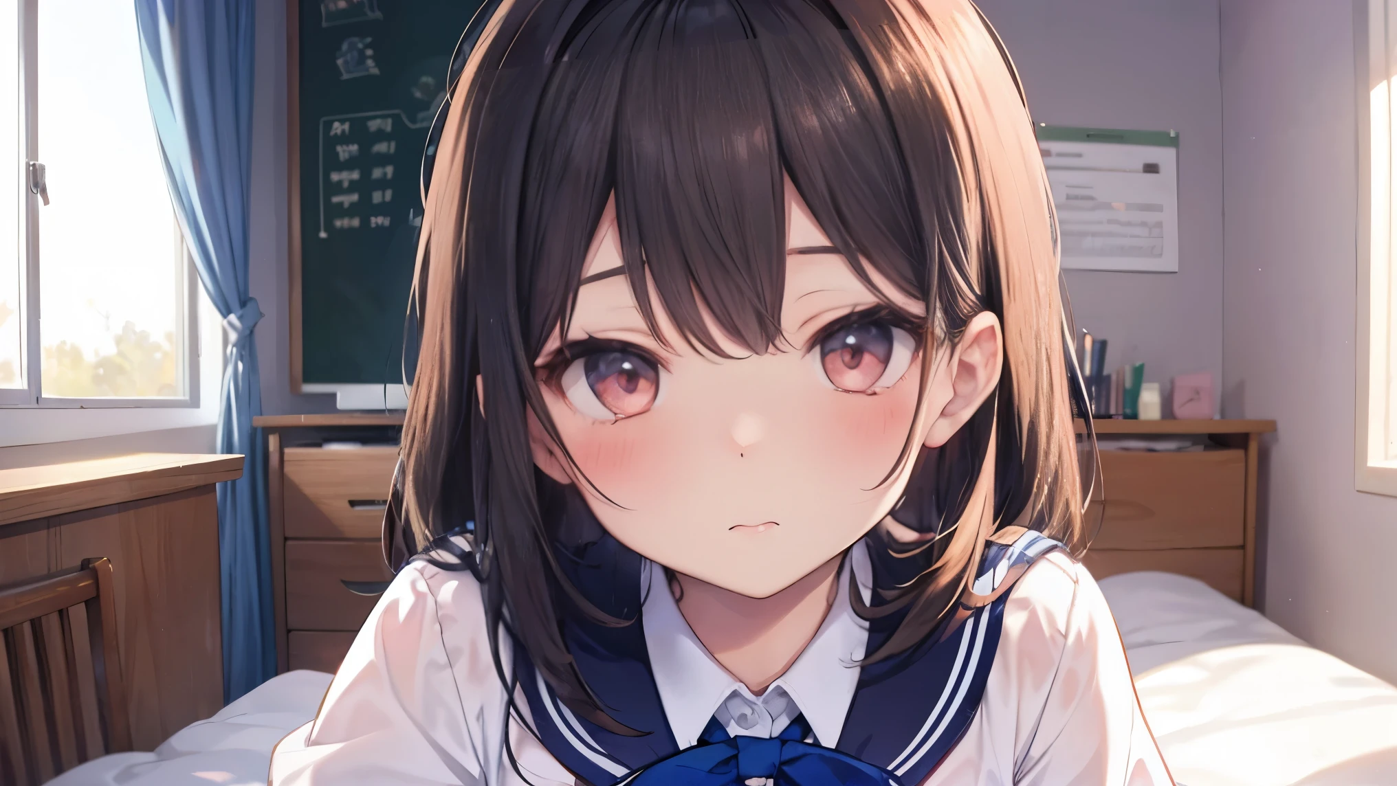 4K,Gal:1.3,Anatomically correct,school uniform:1.3,A pure and innocent girl, Very cute face, Like an idol, blush, In my room,