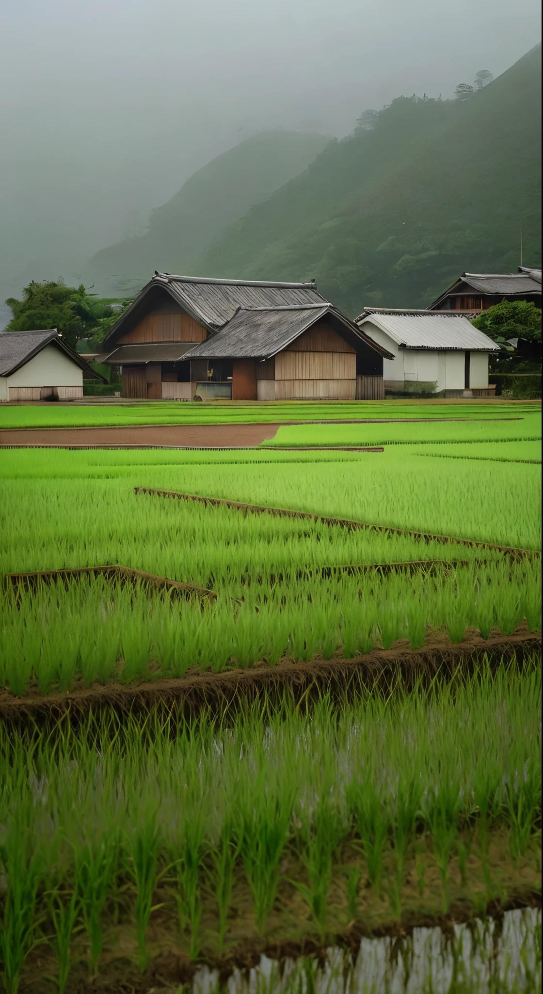 Paddy fieldを歩いている男がいる, in the background is a hut with Paddy field, Paddy field, Paddy fieldに植えられたきれいな稲の苗, hazey rain, village, agriculture, In a quiet landscape, hazey weather, In a vast and peaceful landscape, early morning, in the morning haze, 小さなvillageの裏, haze, Japanese countryside, Thatched roof --v 6