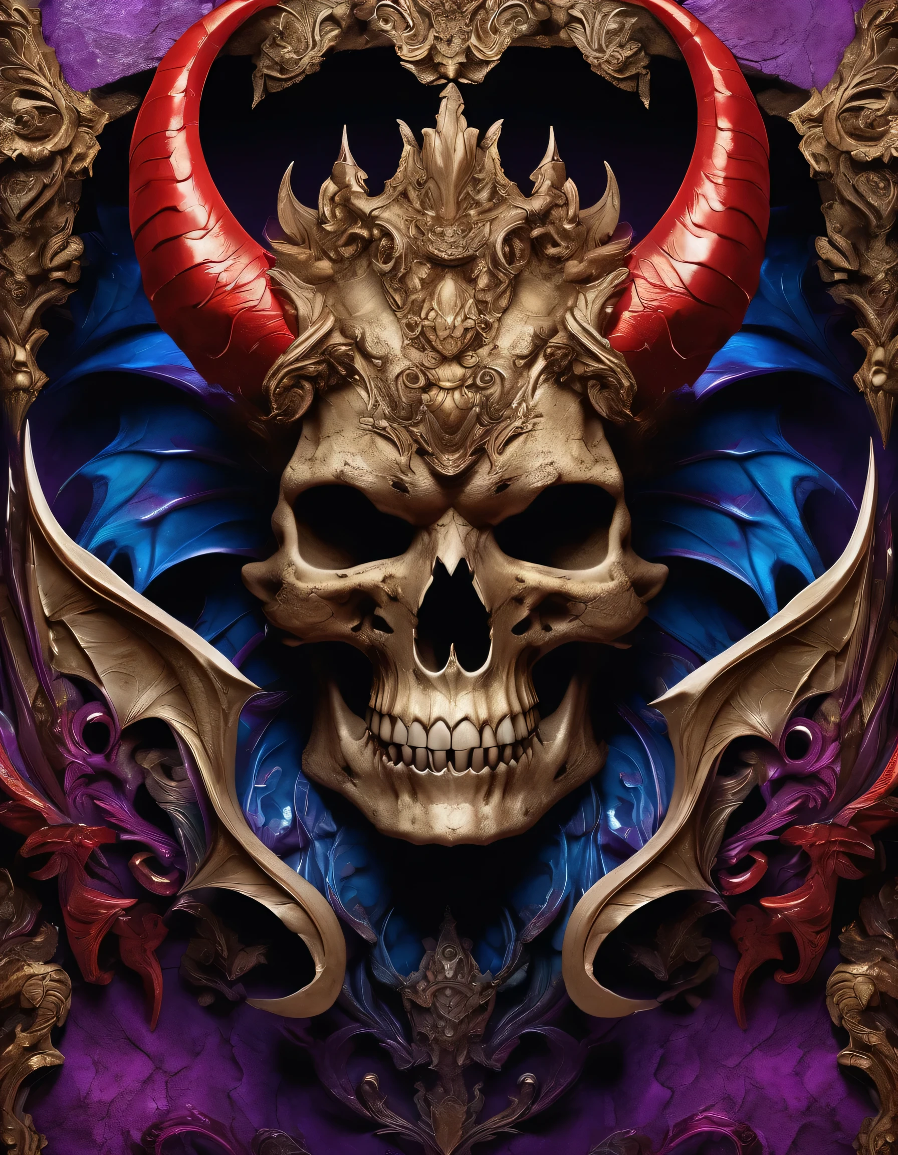 Renaissance cave mimicking the form of a dragon skull, adorned with Baroque elements, gargoyles emerging from the corners, decorative enhancements echoing skull motifs, colored in shades of red, purple, sepia, and blue, high contrast, UHD 32k, highly detailed, digital painting, dramatic lighting, ultra realistic.