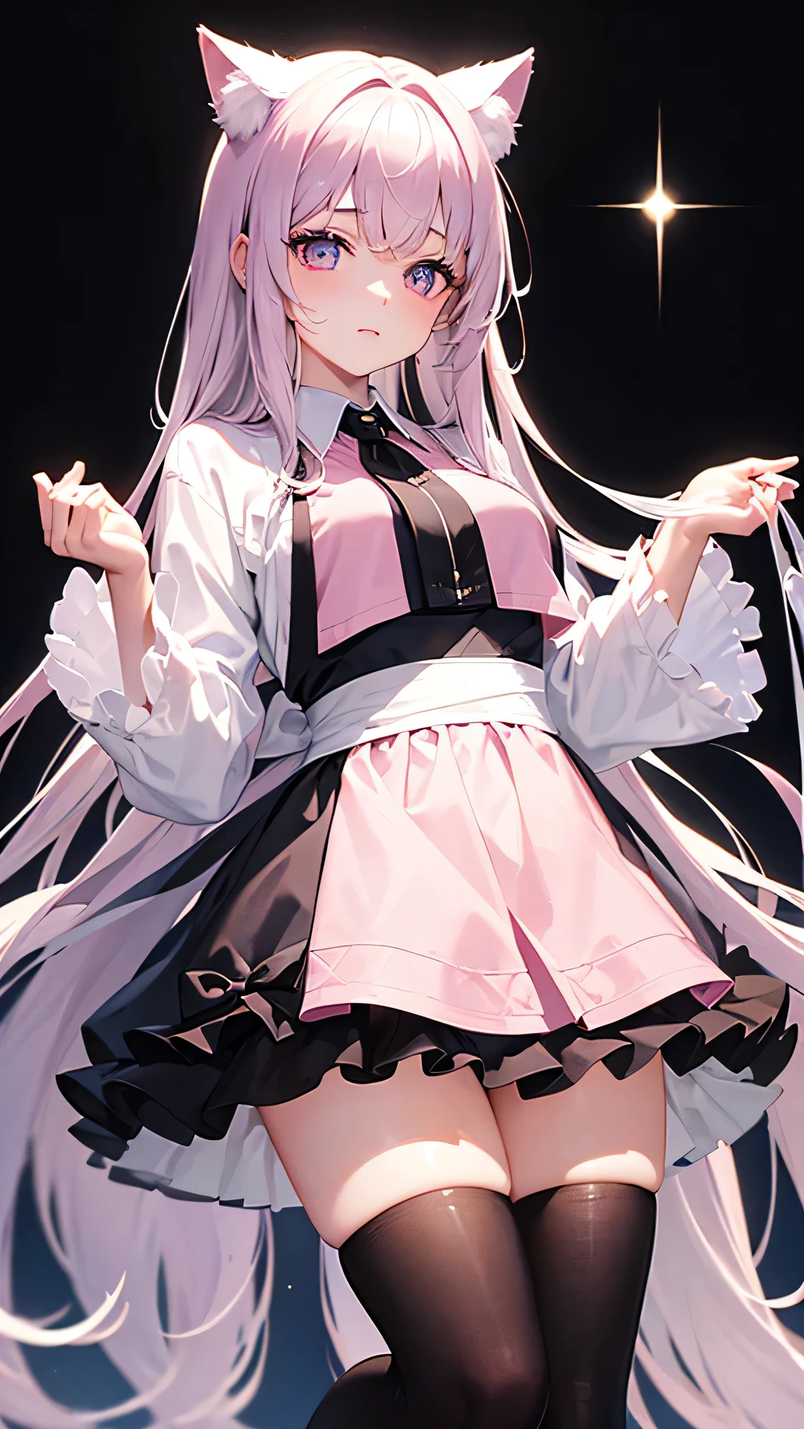 masterpiece,highest quality,Highly detailed face,fine grain,Sparkling eyes,Highlighted eyes,Medium chest,pretty girl,Shy expression,Cat ear,Beautiful silver hair,Pink inside,Beautiful pink eyes,Oversized shirt、skirt、black tights