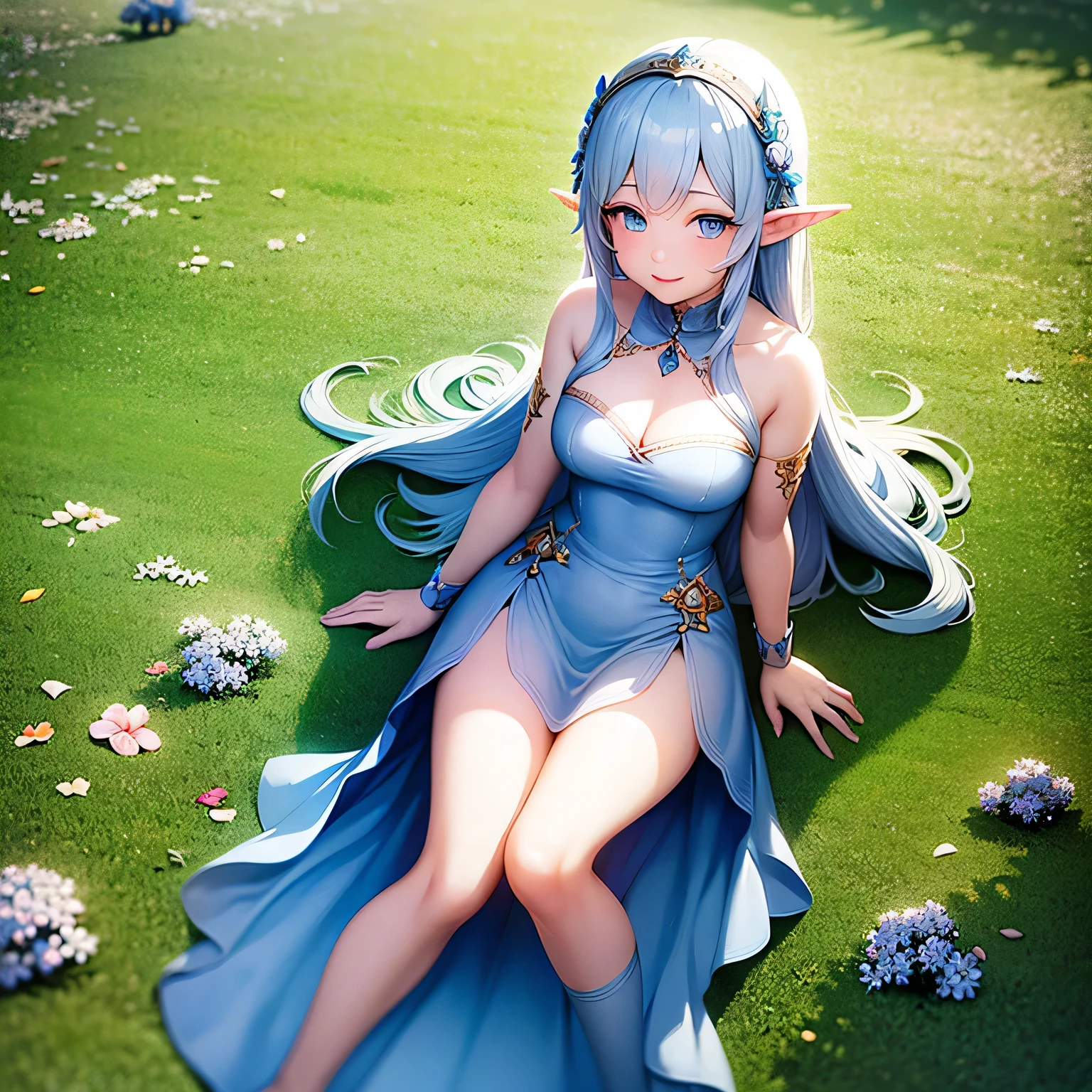 A happy elf woman, elf ears, white wavy hair, beautiful detailed blue eyes, white eyelashes, blue princess dress, blue hair bow , flower garden background, full body, girlfriend pose, 4k