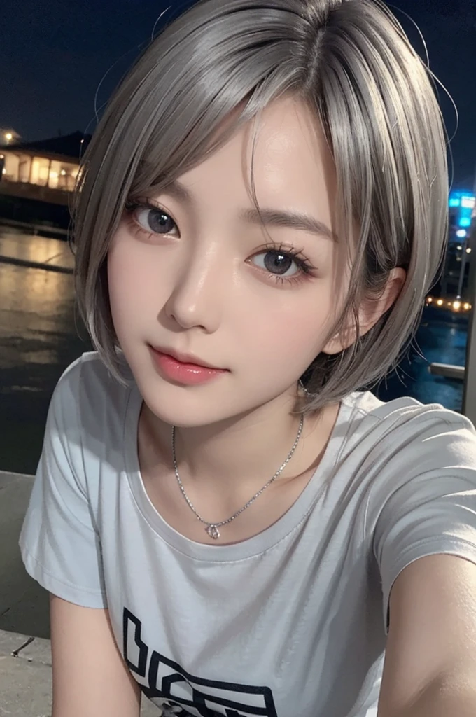 (Surreal) , (Like the picture:1.4),(Increase the resolution), (8k), (Very detailed), (Beautiful and fine details), (highest quality), (Ultra-detailed), (masterpiece), (wallpaper), (Detailed face), solo,1 girl, perfect beautiful japanese woman:1.4、19 years old、Looking at the audience, Subtle details, Detailed face, Cloudy, Deep Shadow, A gentle smile,Short hair silver color,My hair is messy,Looking up,(Tight T-shirt :1.2),Background is night,Camera angle high angle,Various poses,necklace,Attractive face, Medium chest, Dynamic pose,