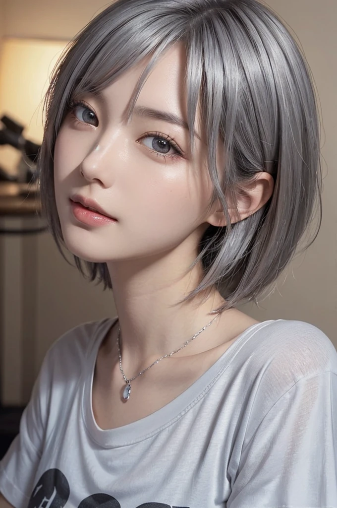 (Surreal) , (Like the picture:1.4),(Increase the resolution), (8k), (Very detailed), (Beautiful and fine details), (highest quality), (Ultra-detailed), (masterpiece), (wallpaper), (Detailed face), solo,1 girl, perfect beautiful japanese woman:1.4、19 years old、Looking at the audience, Subtle details, Detailed face, Cloudy, Deep Shadow, A gentle smile,Short hair silver color,My hair is messy,Looking up,(Tight T-shirt :1.2),Background is night,Camera angle high angle,Various poses,necklace,Attractive face, Medium ?????, Dynamic pose,