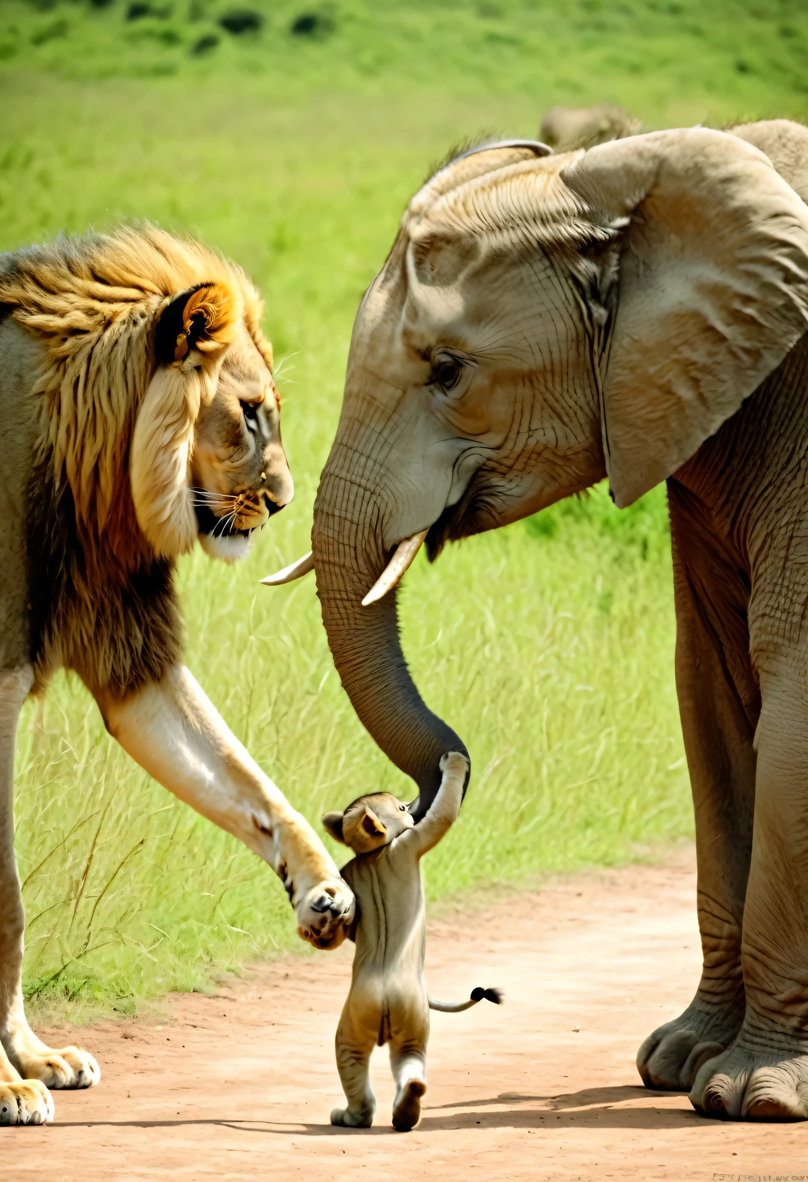 Imagem sugerida: Diversos animais na terra, like lions, elefantes, e cervos, together with a man and a woman holding hands.