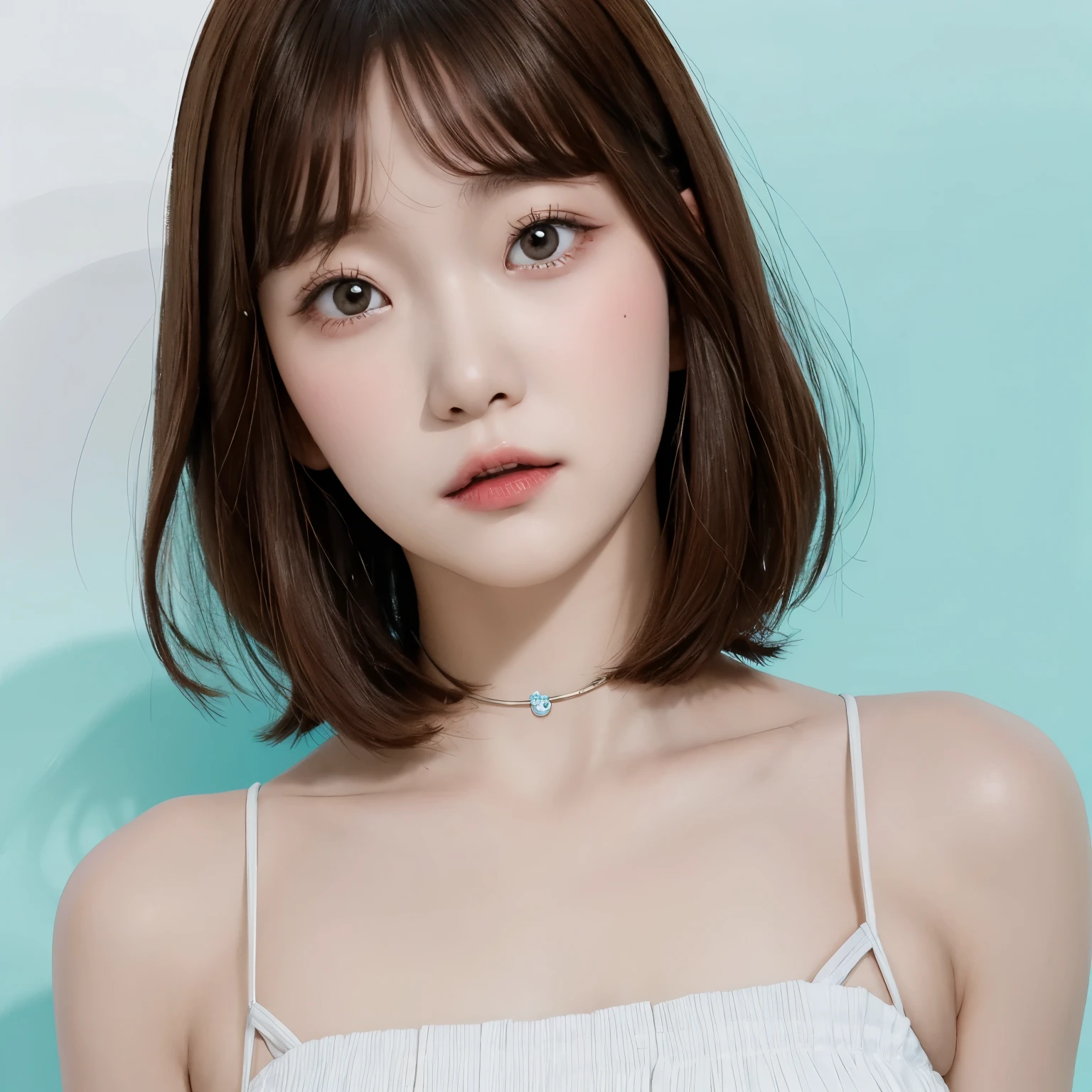 tsuki, ((1girl)), bob haircut, fringe, brown hair, baby blue dress, short dress, white background, portrait 