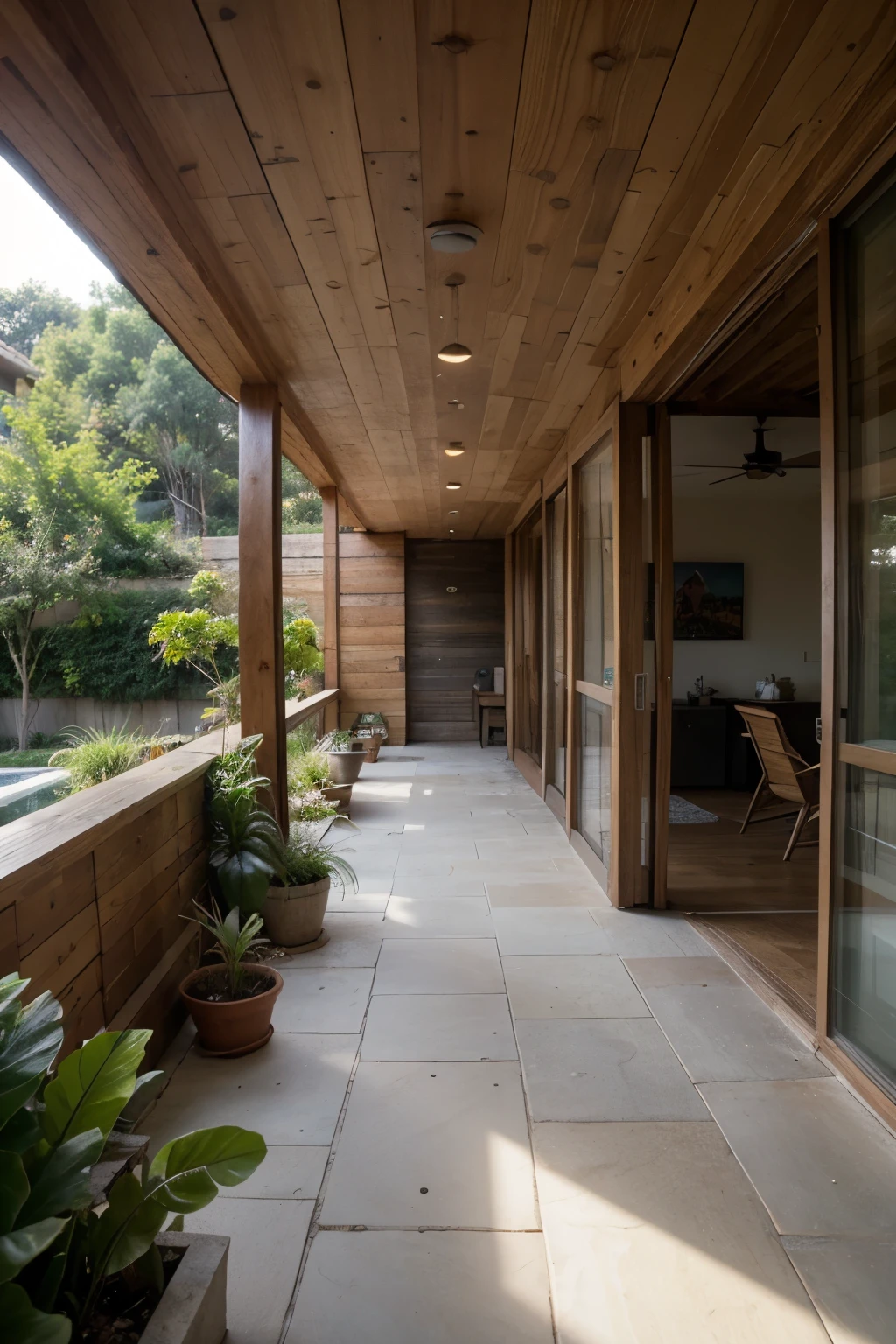 ((best quality)), ((masterpiece)), (detailed), tropical modern house natural light wood and concrete materials, big garden, lot of plants trpical