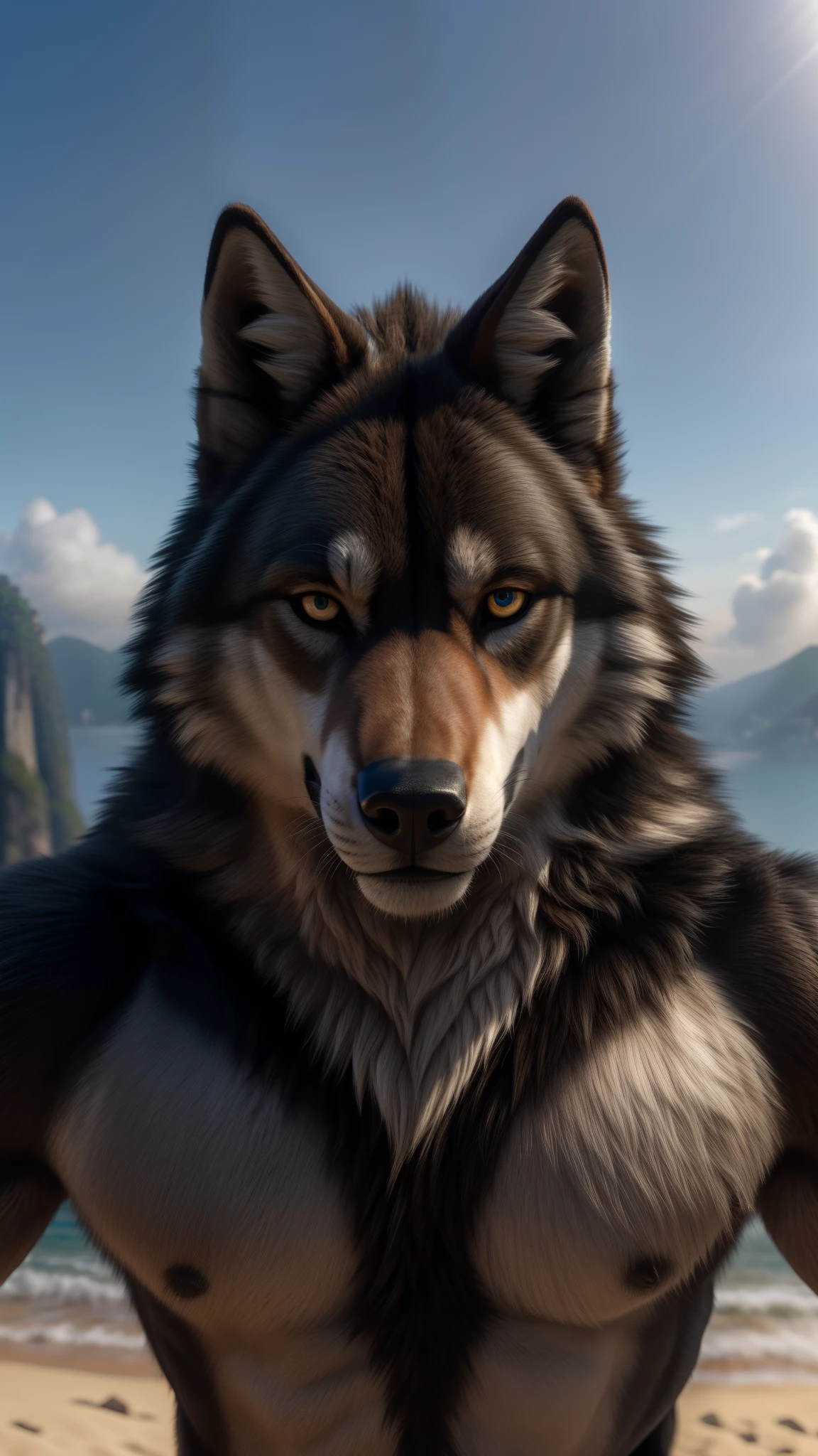 (best quality,highres,ultra-detailed,realistic:1.37), detailed and realistic 3D illustration of a 20-year-old muscular Brazilian male wolf fursuit in Rio de Janeiro, with a detailed background. The wolf is looking directly at the camera and the viewer simultaneously. The fursuit is made of high-quality materials, resembling realistic fur textures and vibrant colors. The muscles of the wolf are intricately sculpted, showcasing a strong and powerful physique. The wolf's eyes are mesmerizing, with a captivating gaze that draws the viewer in. The background depicts the beautiful scenery of Rio de Janeiro, with iconic landmarks such as Christ the Redeemer and Copacabana Beach. The lighting is perfect, casting subtle shadows to enhance the depth and realism of the scene. The overall composition of the illustration emphasizes the wolf's presence and connection with the viewer, creating a sense of engagement and immersion.