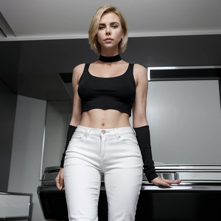 Charlize Theron in a black crop top and white jeans showing her perfect butt and her curves
