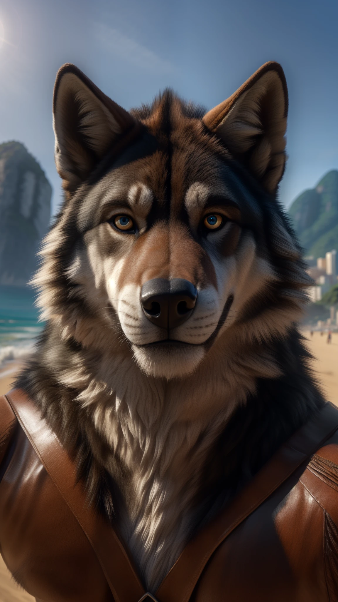 (best quality,highres,ultra-detailed,realistic:1.37), detailed and realistic 3D illustration of a 20-year-old muscular Brazilian male wolf fursuit in Rio de Janeiro, with a detailed background. The wolf is looking directly at the camera and the viewer simultaneously. The fursuit is made of high-quality materials, resembling realistic fur textures and vibrant colors. The muscles of the wolf are intricately sculpted, showcasing a strong and powerful physique. The wolf's eyes are mesmerizing, with a captivating gaze that draws the viewer in. The background depicts the beautiful scenery of Rio de Janeiro, with iconic landmarks such as Christ the Redeemer and Copacabana Beach. The lighting is perfect, casting subtle shadows to enhance the depth and realism of the scene. The overall composition of the illustration emphasizes the wolf's presence and connection with the viewer, creating a sense of engagement and immersion.