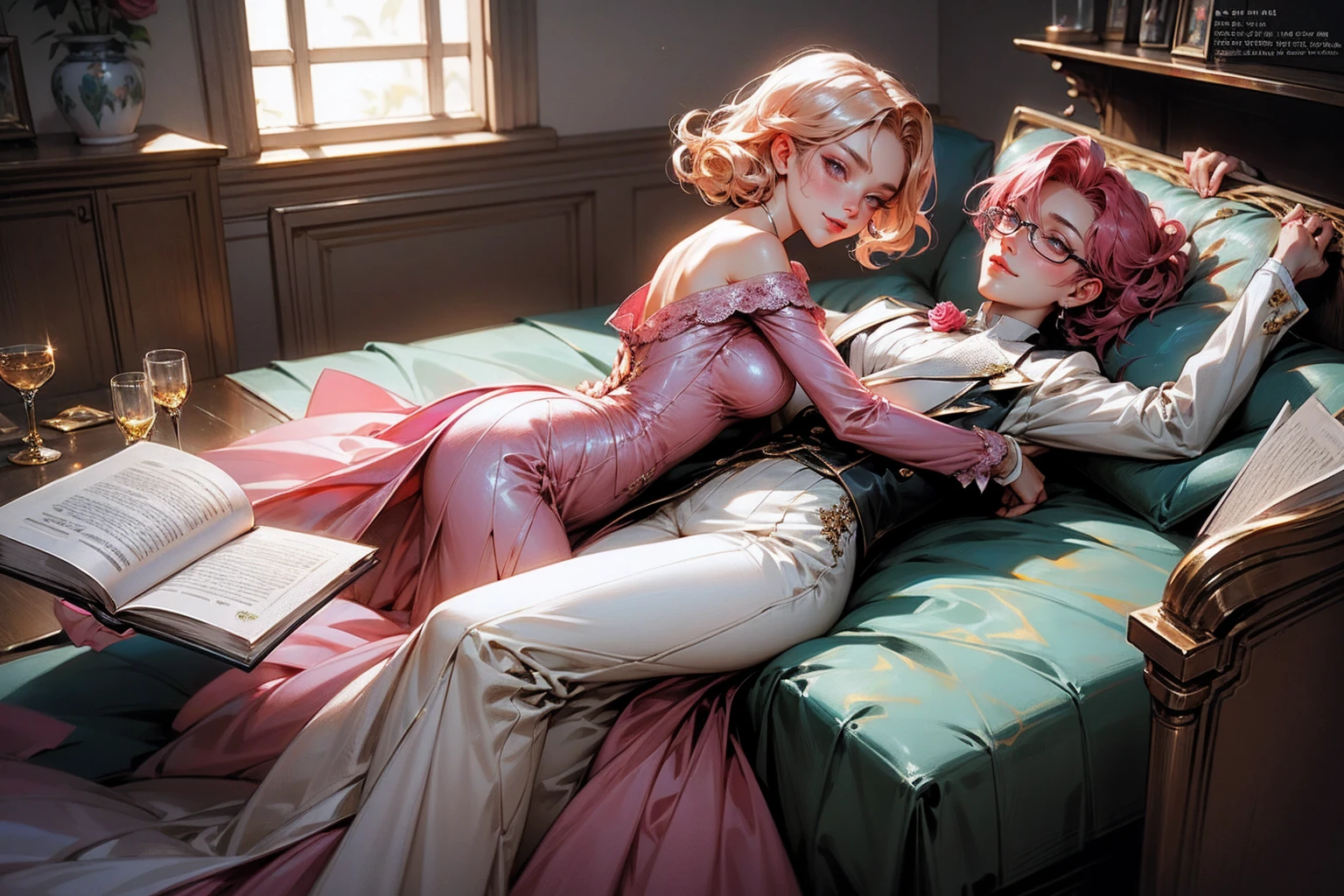 Anime girl tuxedo with curly rose gold hair and round gold glasses, rose gold eyes. Guviz style art, attractive detailed art style, Charlie Bowater Style, 1 7 - year - old cute anime girl, detailed manga style, detailed anime character art, germ of art. High detail, stunning manga art style. Rose dress. (pink dress) . Wearing rose gold Victorian clothing. Dancing, walking, drinking, reading, writing, lying, standing, on your back, dynamic poses, smile, closed mouth. Different Pose.