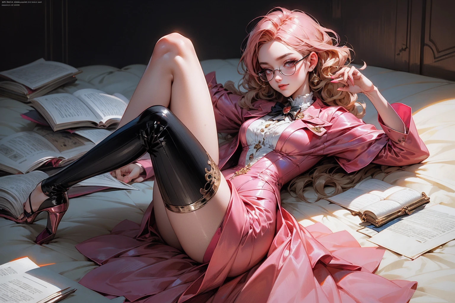 Anime girl tuxedo with curly rose gold hair and round gold glasses, rose gold eyes. Guviz style art, attractive detailed art style, Charlie Bowater Style, 1 7 - year - old cute anime girl, detailed manga style, detailed anime character art, germ of art. High detail, stunning manga art style. Rose dress. (pink dress) . Wearing rose gold Victorian clothing. Dancing, walking, drinking, reading, writing, lying, standing, on your back, dynamic poses, smile, closed mouth. Different Pose.