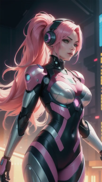 woman,robot ,woman,robot cyborg mech, Pink Hair, cyber punk:0.35, Perfect lighting, Perfect Shading, detailed, Complex, (Perfect body), Beautiful Face, Flowing Hair, ((whole body)), Realistic:1.35, Mature Adult:1.4,