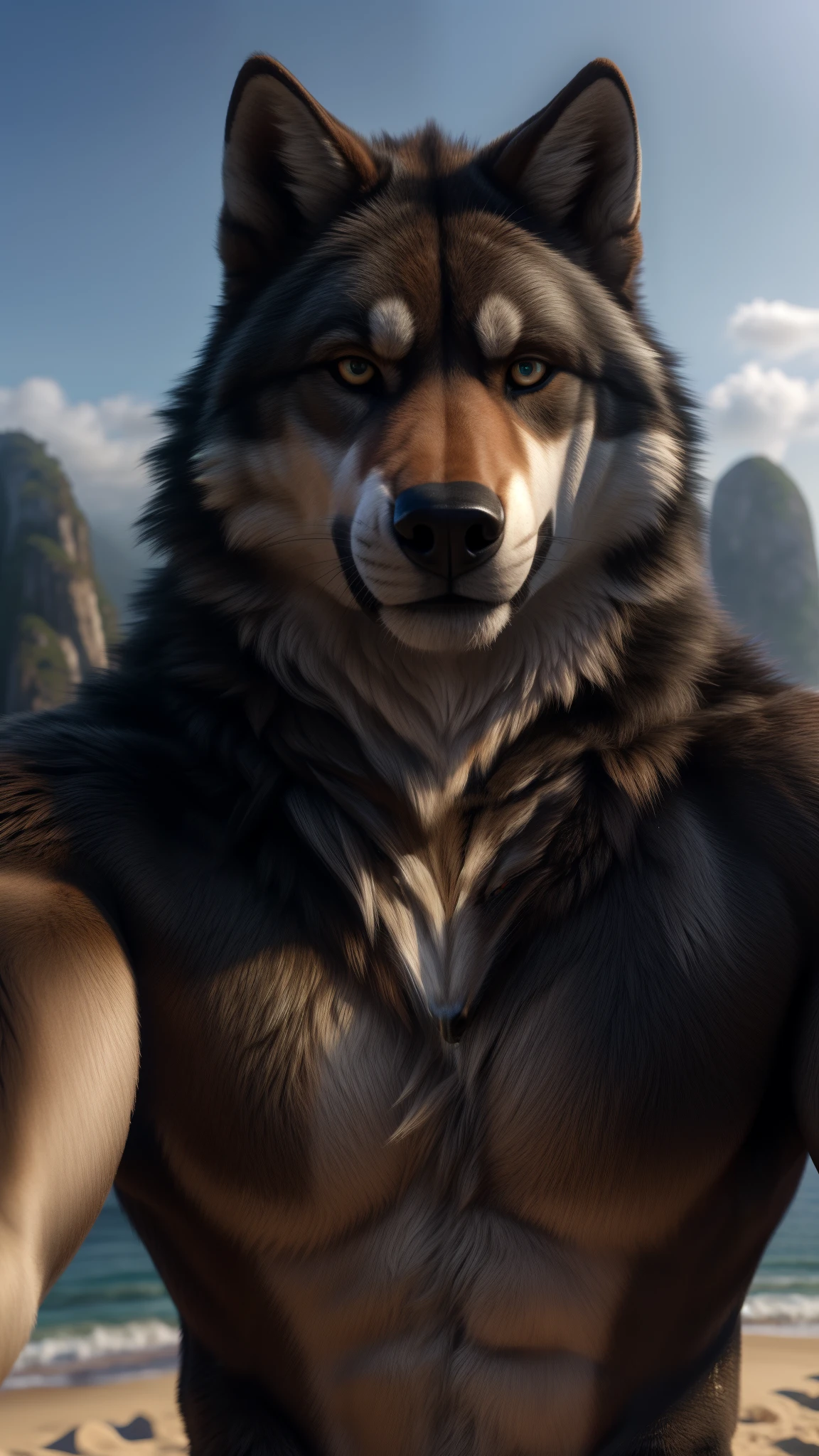 (best quality,highres,ultra-detailed,realistic:1.37), detailed and realistic 3D illustration of a 20-year-old muscular Brazilian male wolf fursuit in Rio de Janeiro, with a detailed background. The wolf is looking directly at the camera and the viewer simultaneously. The fursuit is made of high-quality materials, resembling realistic fur textures and vibrant colors. The muscles of the wolf are intricately sculpted, showcasing a strong and powerful physique. The wolf's eyes are mesmerizing, with a captivating gaze that draws the viewer in. The background depicts the beautiful scenery of Rio de Janeiro, with iconic landmarks such as Christ the Redeemer and Copacabana Beach. The lighting is perfect, casting subtle shadows to enhance the depth and realism of the scene. The overall composition of the illustration emphasizes the wolf's presence and connection with the viewer, creating a sense of engagement and immersion.