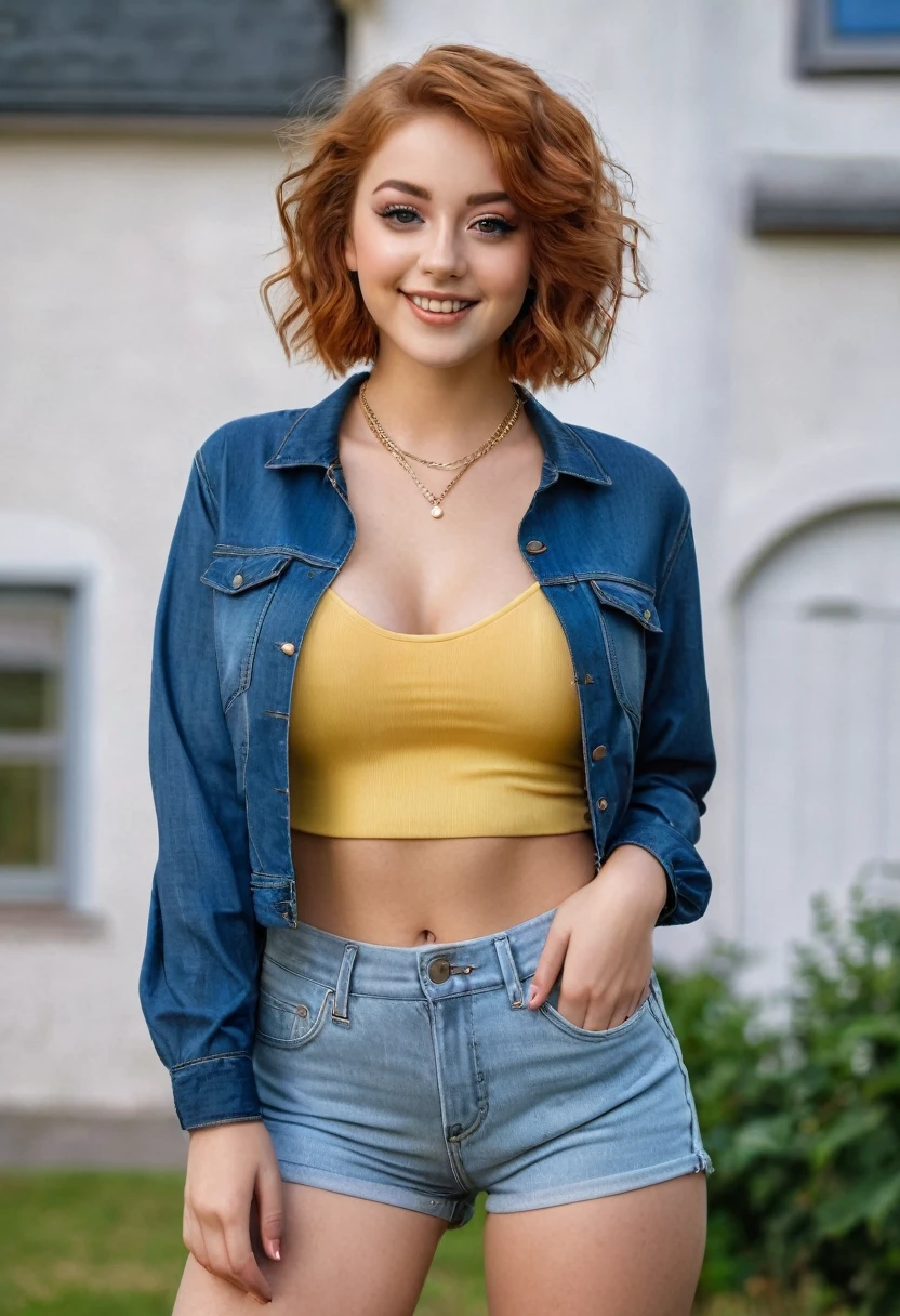 hyperrealistic beautiful busty 18-year-old women wearing tight shirt with denim shorts and satin blouson, model shooting full body photography, view from behind, natural redhead short curly bob, dark eye makeup with eyeliner, seductive smile, small necklace, 8K, Best quality, Meisterwerk, ultra high resolution, (Realismus: 1.4), Originalfoto, (realistische Hautstruktur: 1.3), (Filmkorn: 1.3), (Selfie-Winkel), 1 girl, Beautiful round hazel eyes and facial details, Meisterwerk, Best quality, selfie-pic-posing outside, nsfw
