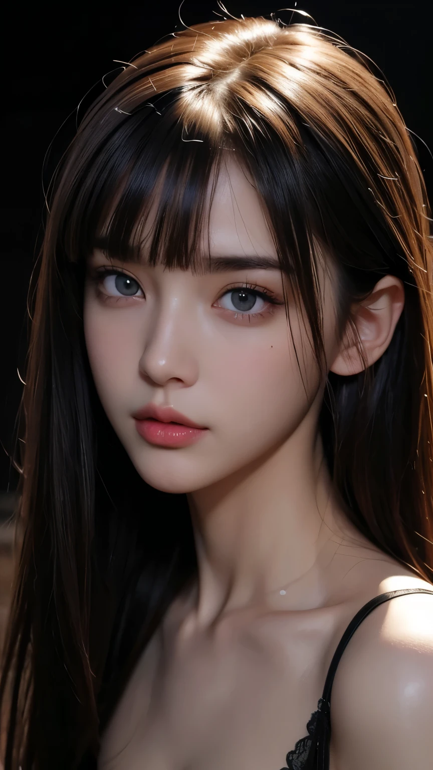 masterpiece, best qualitiy, RAW photos, realisticlying, A high resolution, hyper-detailing, Focus on the face, Detailed eyebrows, realistic beautiful eyes, realistic glossy skin, straight Bangs, realistic movie lighting, detail shaded, high contrast, Slender, Sexy face, Facial expressions when receiving pleasure, ((Dark background)),