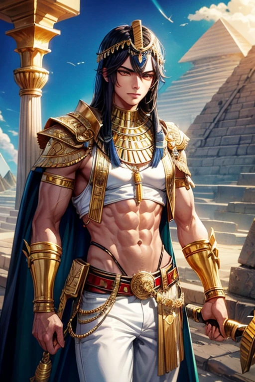 Egyptian warrior, male in his 20s, short messy black hair, silver ornaments, black eyes, white and blue Egyptian warrior clothing, dark gold vest with silver snake print, gold belt, dark gold pants, gold Egyptian symbol pendant with green. Quartz gems, gold rings on both hands, slim and muscular build, with a spear in his hands, background of an Egyptian pyramid, pyramid,