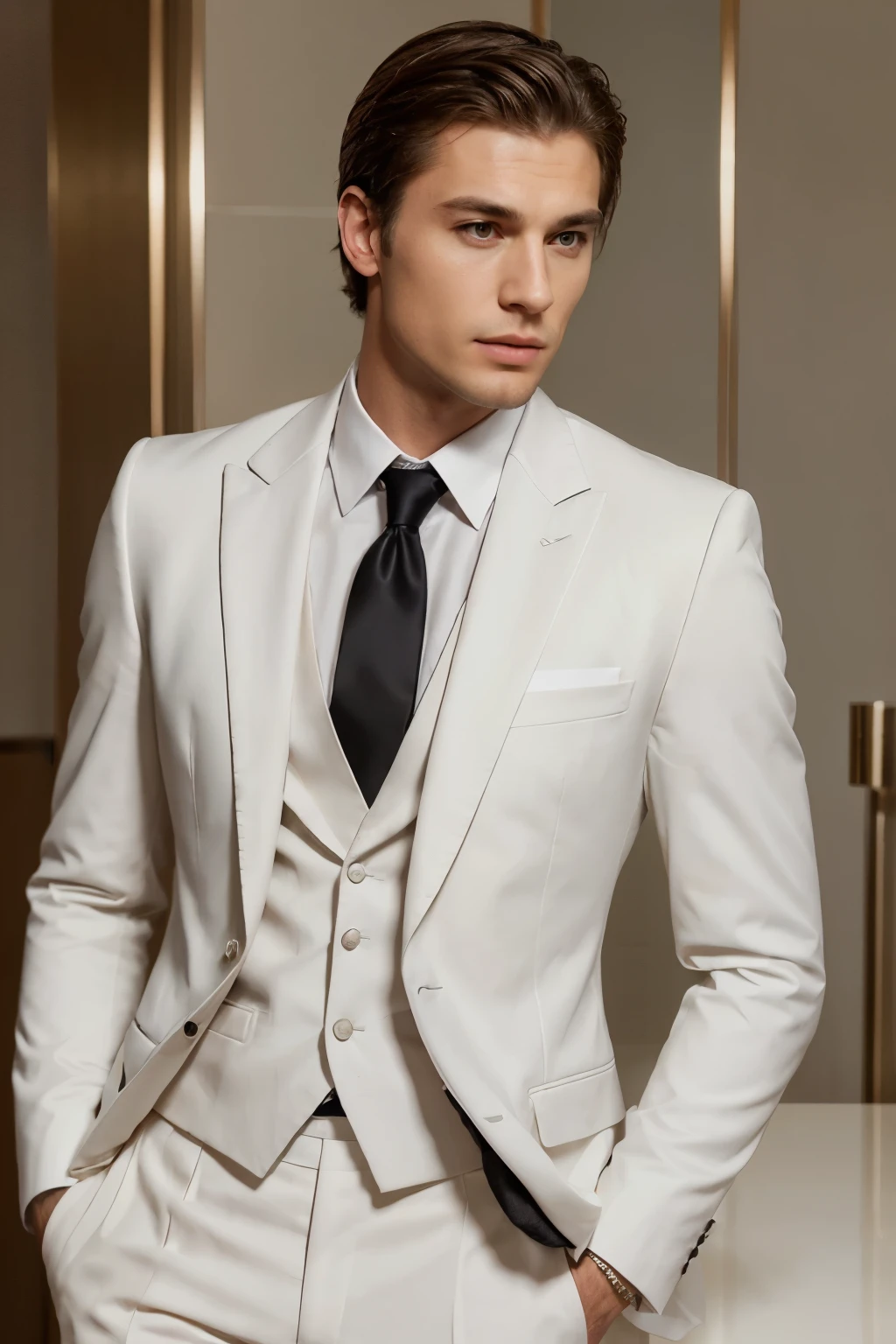 Create a highly realistic image of a very handsome white man, wearing an elegant suit. He should look like a pop star or a famous actor, in a high-quality photographic style. The image should be in A4 format and feature sophisticated lighting that highlights the details of the suit and the man's facial features.