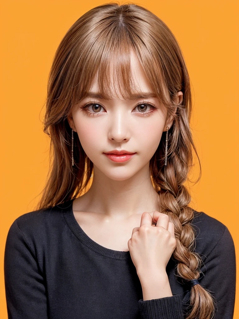 (masterpiece, highest quality, sfw:1.8),1 girl, alone, realistic, realistic, light colored black eyes, black twin braids hair with highly detailed shiny hair, Winter clothes, Whity, lips, bangs, outdoor, closed mouth, Upper body、Big eyes、eyelash、((very simple orange background:1.8))、(((Black French Braid, Big eyes、big and full chest、avoiding eye contact 、beautiful beauty、show me your ears、long neck、low hairline、small forehead)))、ideal body proportions、{Huge|big|Huge|mega} chest, cleavage:2, Blushing, Shy smile, Embarrassed, Flushed cheeks, Timid expression, Coy look, Bashful, Sheepish grin
