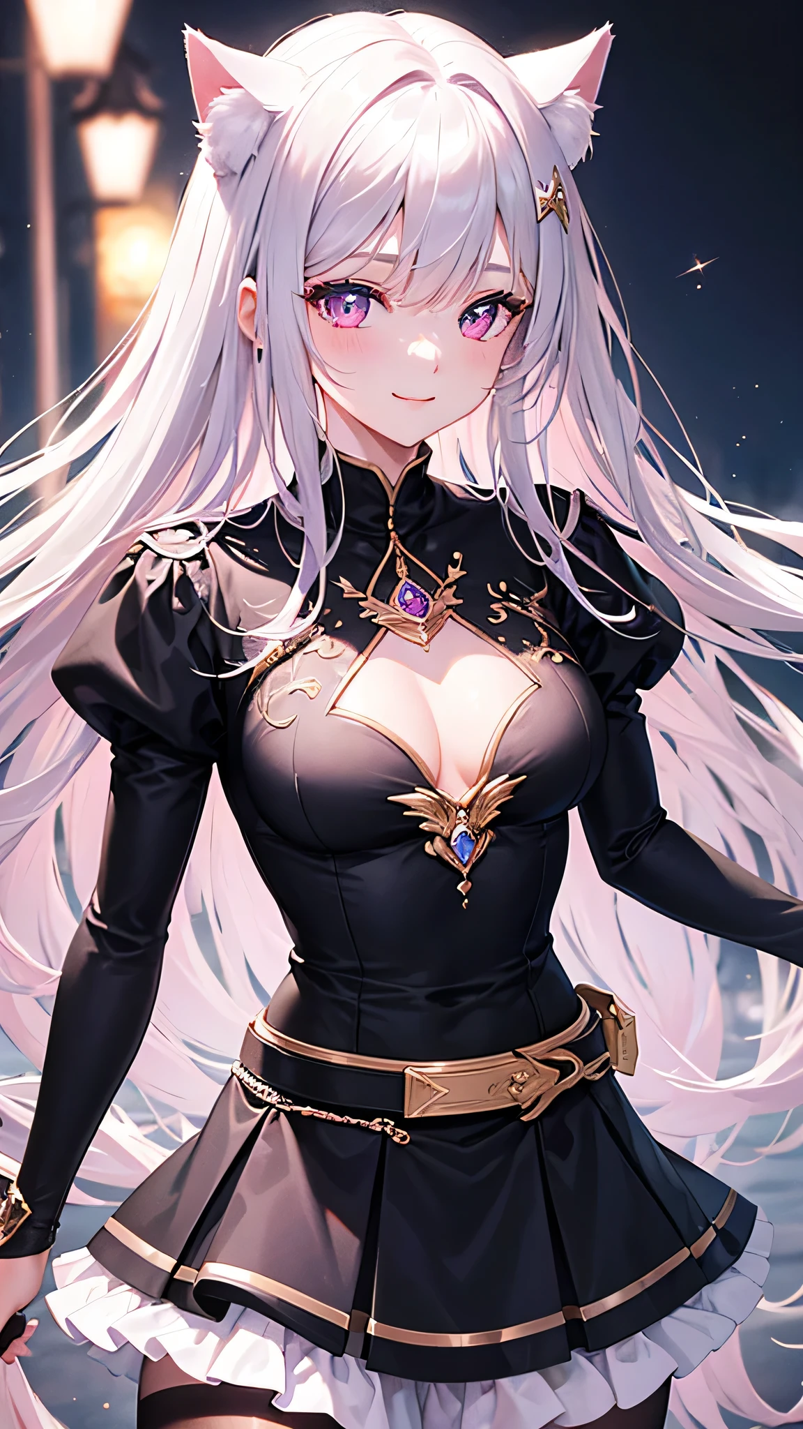 masterpiece,highest quality,Highly detailed face,fine grain,Sparkling eyes,Highlighted eyes,Medium chest,pretty girl,smile,Cat ear,Beautiful silver hair,Pink inside,Beautiful pink eyes,Oversized shirt、skirt、black tights,Flower storm,Waterfront