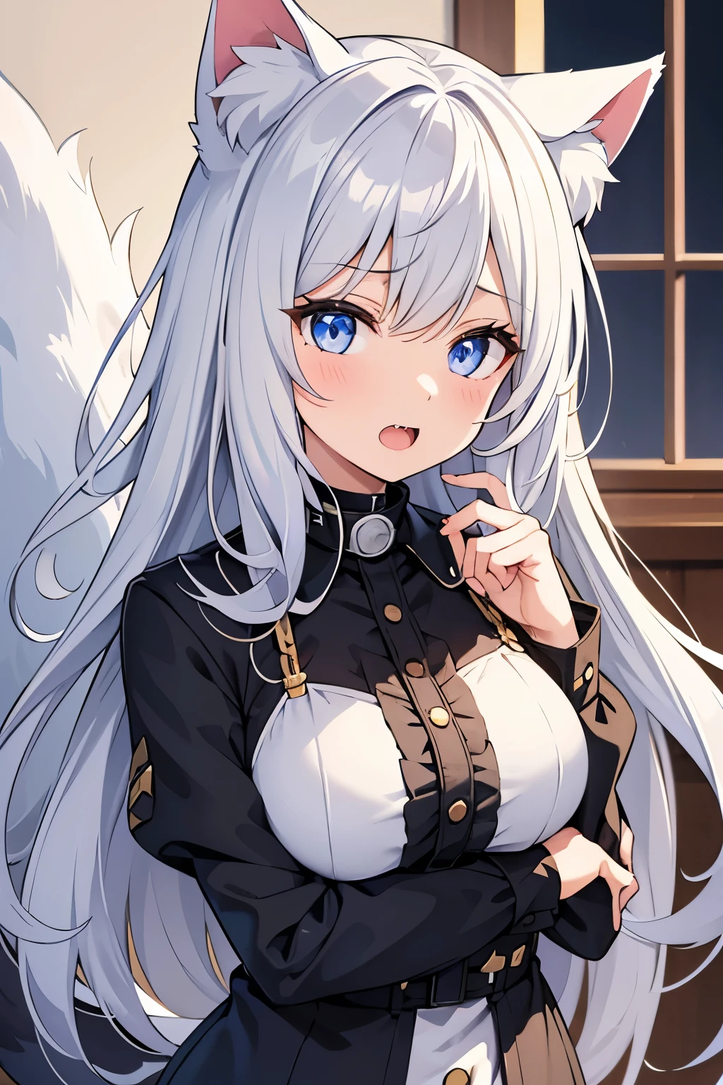 1girl, cat girl, animal ears, animal ear fluff, cat ears, fangs, blue eyes, slit pupils, tail, cat tail, long hair, white hair, hair between eyes, collar