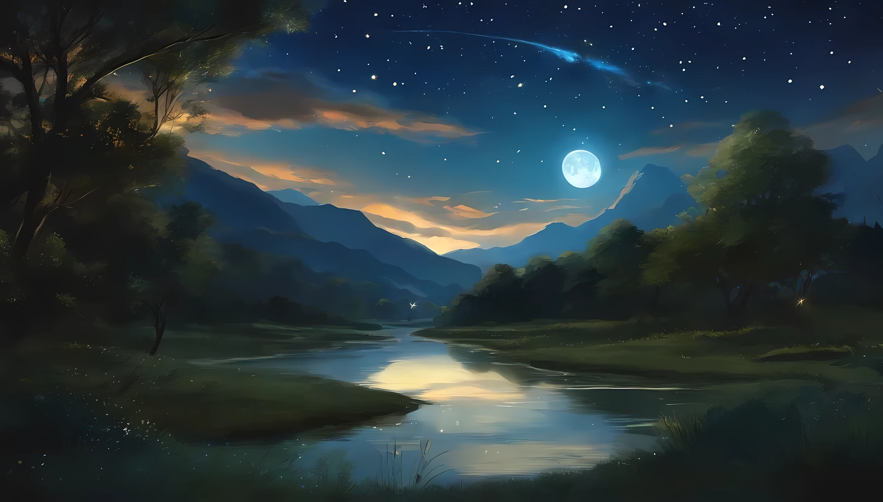 Picture of a river with stars and moon in the sky., concept art, inspired by Tosa Mitsuoki., winner of the pixiv competition, Best quality, fantasy art, beautiful anime scene, bright moon, Lunar stellar environment, A Dream Painting, anime background Art, fantasy landscape art, Fantasy Night, anime background, background image, fantastic art, Atmospheric anime, starry sky, Improved detail.