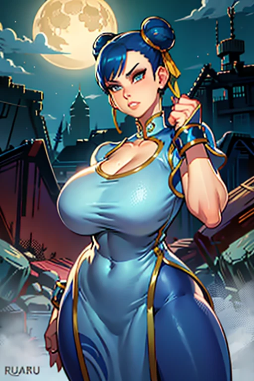 Waifu, Chun-Li, masterpiece, curvy, breasts, moon, full moon, gloves, 1girl, clenched teeth, bulma, cleavage, large breasts, teeth, aqua hair, red gloves, tank top, blue eyes, rating:explicit,rule34, hardcore, ,,clenched hands, punching, night, sky, jumpsuit, pants, bare shoulders, blue hair, clenched hand, rating:questionable, short hair, belt, green hair, solo, angry, orange gloves, lip biting(gigantic and massive tits:1.1), breasts, official illustration, illustration, detailed face, beautiful intricate eyes, curvy milf, 1:2), closeup, titsnipples