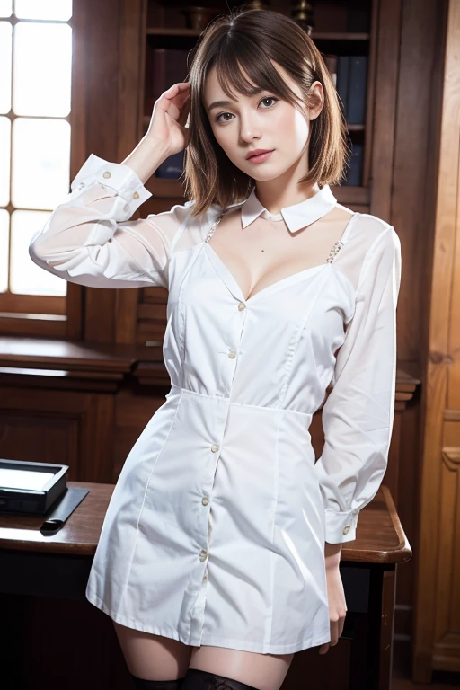 Kiera Knightley, 25 ans, rousse, yeux bleus, delicate, poudre de contour, sexy, French touch, cheveux de longueur moyenne, grains de beauté, tattoo all over the body, sourire romantique, Seductive look, bonne couverture, de nuit, éclairée par les flashs des photographes, skin details, pores de la peau, sexy, Appareil photo numérique Kodak Smile 10MP, tendance on Behance, colorful clothes, ornement de cheveux, hairclip, cheveux moyens, rougit, (des mains parfaites) , Secretary outfit (chemise blanche, jupe, chemisier ouvert, bas, porte jartelle, collants), dans un bureau, ordinateur