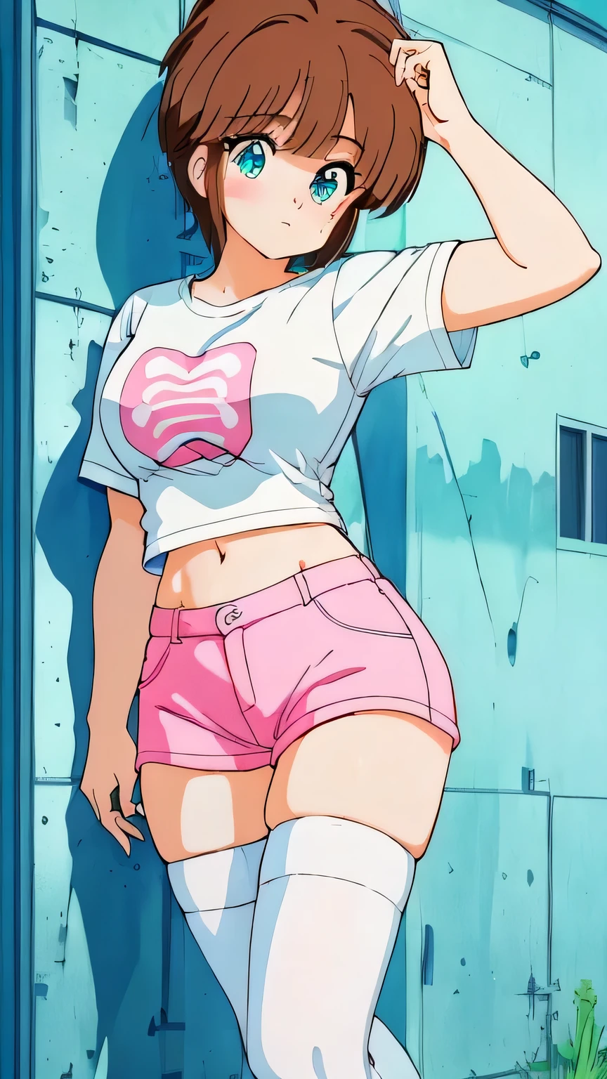 (masterpiece), best quality, aqua eyes, perfect face, big breasts,white t-shirt, navel, pink shorts,thighhighs, standing leaning on wall