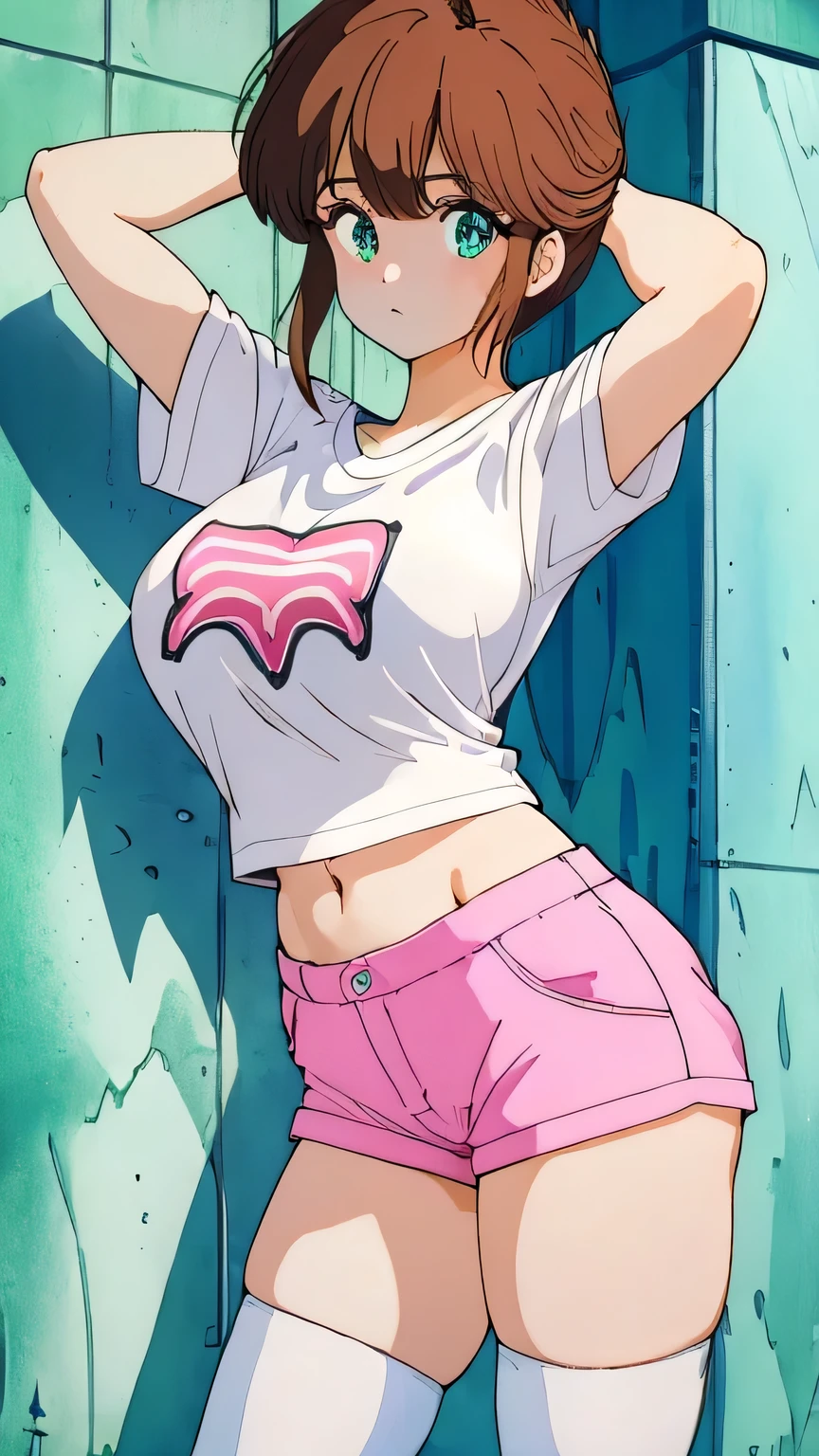 (masterpiece), best quality, aqua eyes, perfect face, big breasts,white t-shirt, navel, pink shorts,thighhighs, standing leaning on wall