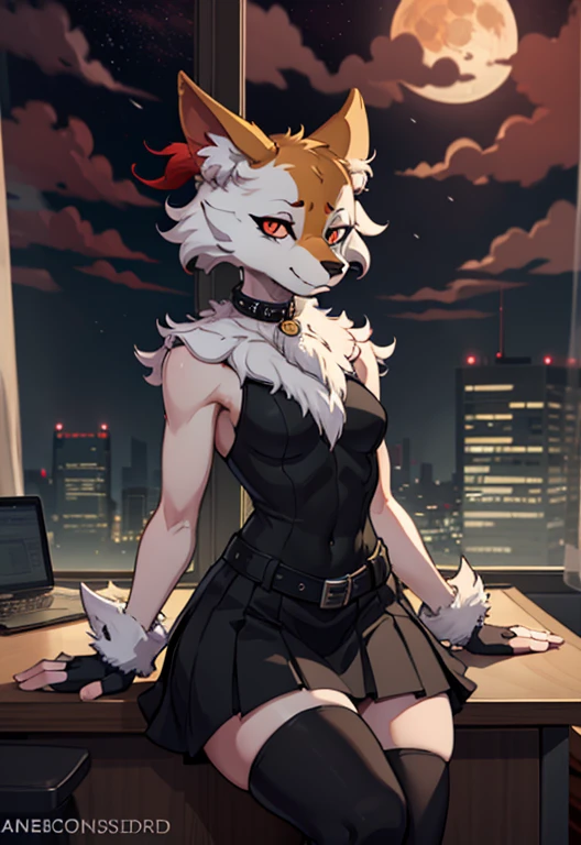 loona hellhound, anthro, loonacroptop, loonashorts, fingerless gloves, black thighhighs, skirt, thick thighs, medium breasts, hourglass body, small snout, (slit pupils, white eyes, red sclera:1.1), looking at viewer, sitting on the table, detailed background, skyscrapers, (hell sky, red sky:1.1), (office , computer:1.2), city view from the window, smile, (fluffy tail:1.1), spiked collar, (night, moon), (masterpiece, artstation, epic composition, high quality)