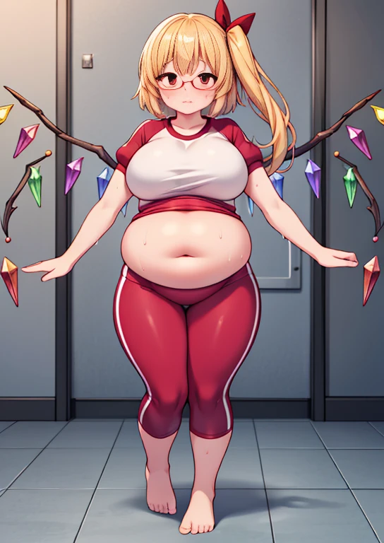 (masterpiece, best quality, highly detailed), 1girls, big belly, huge belly, art by kipteitei, round belly, chubby, curvy, belly grab, enormous belly, fat belly, thicc, bigger belly, really big belly, jiggly belly, glasses, gym clothes, barefoot, sweaty, ((sweating)), very tight breasts, ((full body)), (grown up), (milf), flandre scarlet