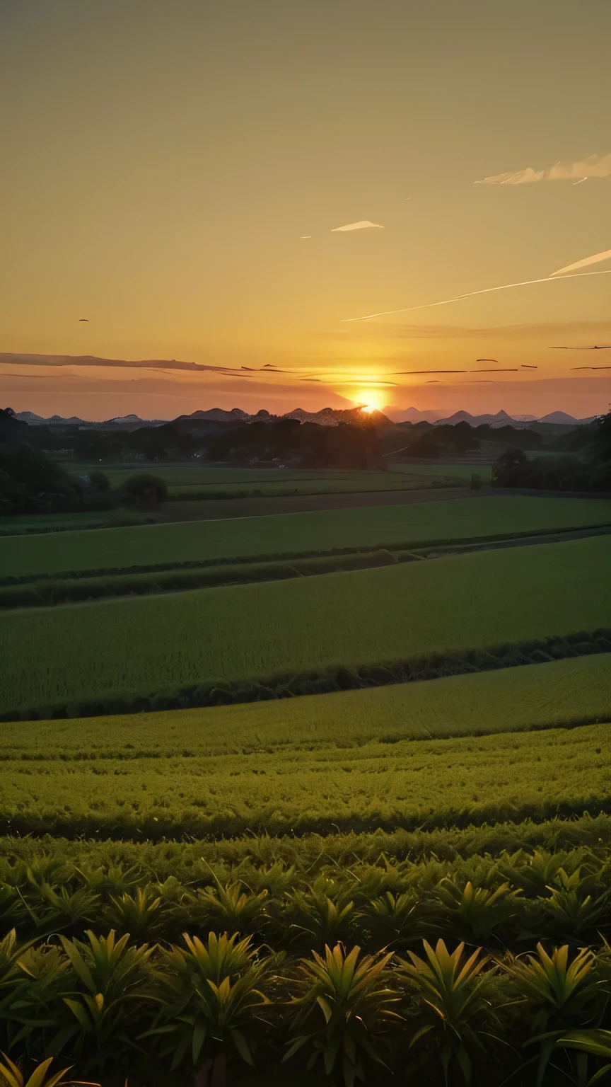 Imagem sugerida: Uma cena serena e tranquila, like a sunset over a verdant field.