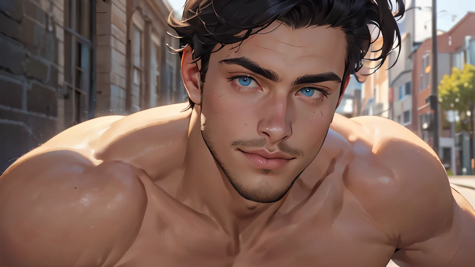 ((the best quality)), ((Masterpiece)), (details), perfect face, high definition, Masterpiece,4k,details clearly, Handsome face, white skin, perfect body, male body, strong muscles, abdomen, blue eyes, white skin, The most handsome man in the world, handsome, The coolest face, Male characters, close image (1man, shirtless), young man, mischievous smile, Extremely muscular tall man, open your eyes ((detailed eyes)), huge, muscular body and Massive, bulging pecs, muscular abs, narrow waist, short hair, blue eyes, delicate big eyes, carefree expression, clear face, handsome (detailed face, perfect face) ((extremely realistic shadows, bodybuilding posture, human, ((22-year-old young man)), V shape, fashion, Shirtless, Sunlight, street lower pants, topless, close up look, CG sense, Textured skin, the best quality, Storytelling images, show Panty line, Show your abs, show arm muscle, Black hair, shining blue eyes, eyes contact, leather belt, Red cheeks, bright, black jeans