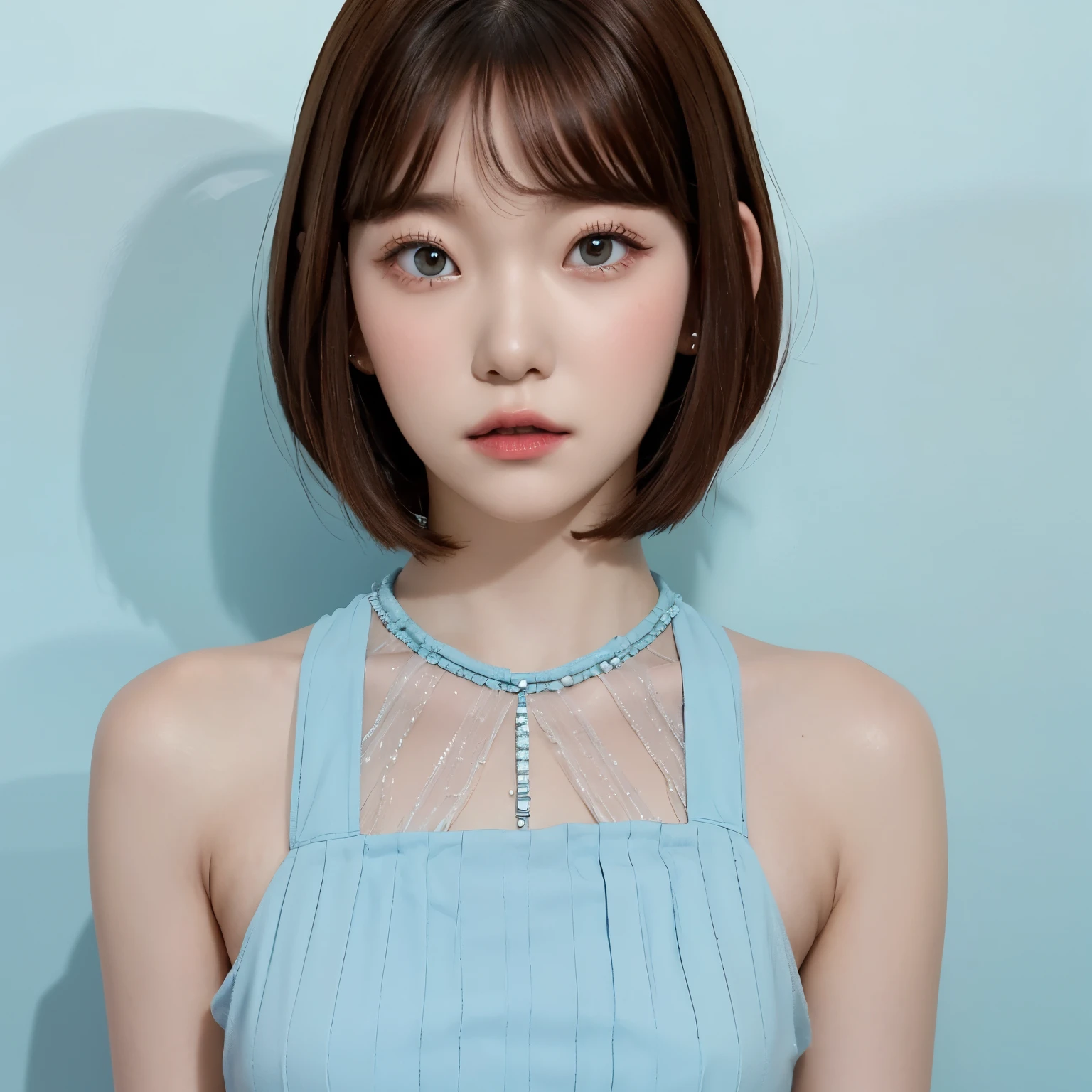 tsuki, ((1girl)), bob haircut, fringe, brown hair, ((light blue dress)), short dress, white background, portrait 